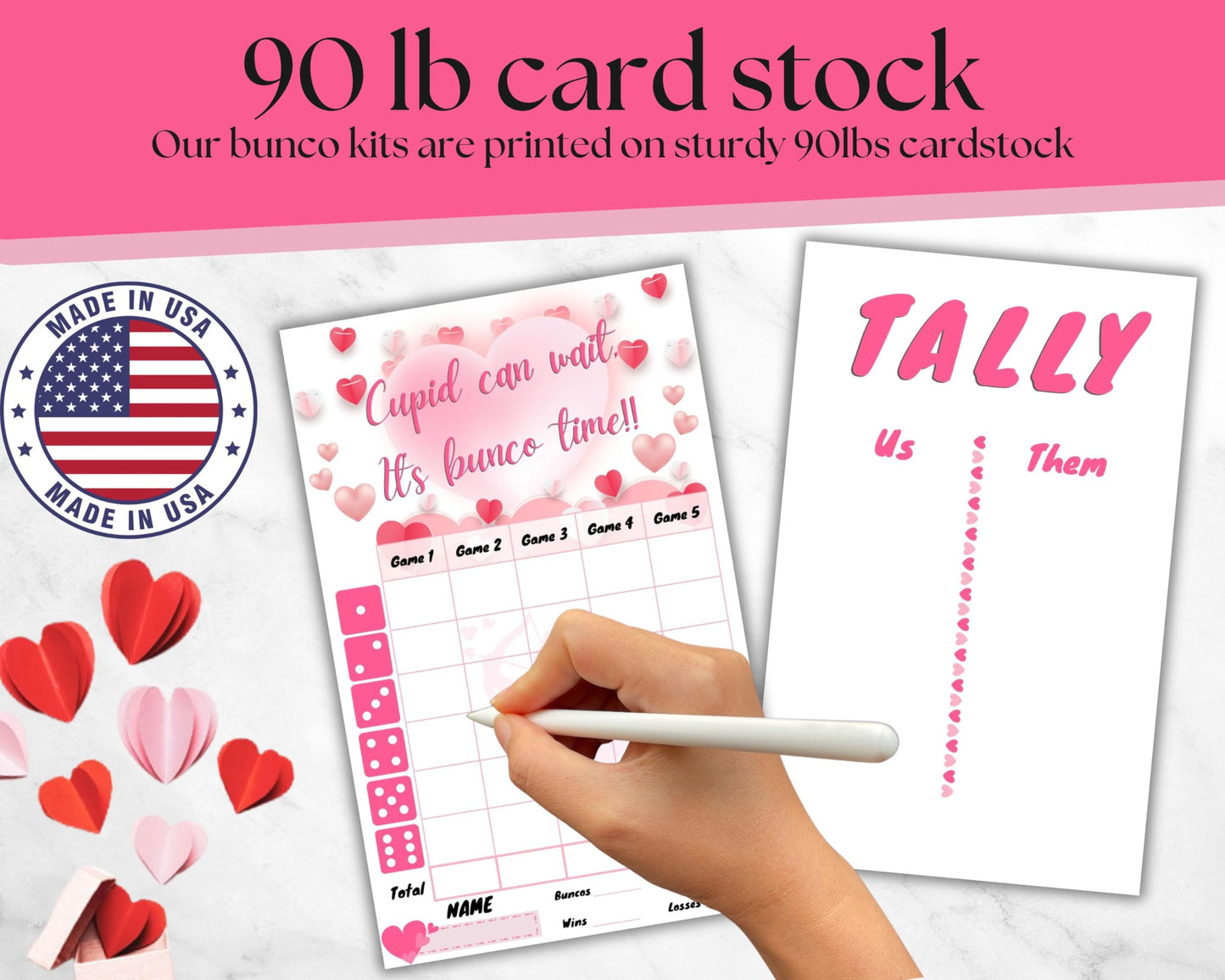 Generic Valentine's Day Bunco Kit - Cupid Score Sheets - Pink & White - Game Night Fun - Model Valentine2025