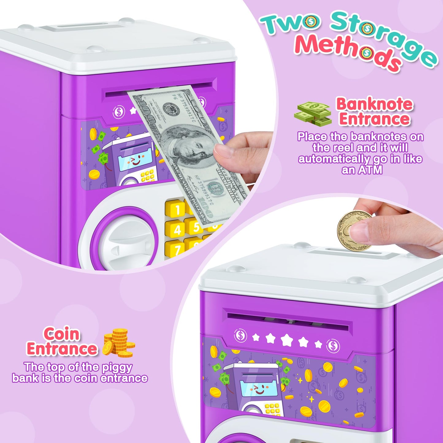 Purple Piggy Bank For Kids, Cash Coin Can Atm Bank Electronic Coin Money Bank For Kids-Hot Gift, Great B-Day Xmas Toy Gifts For