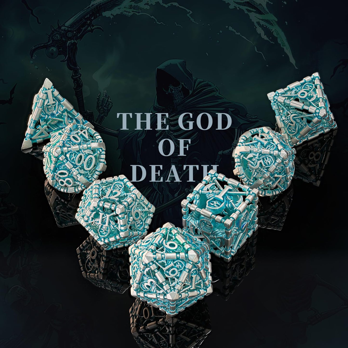 HNCCESG D&D Dice Set, Hollow Blue White Metal Grim Reaper Dice of 7 Piece,Polyhedral DND Dice Role PlayGaming for Dungeons and D