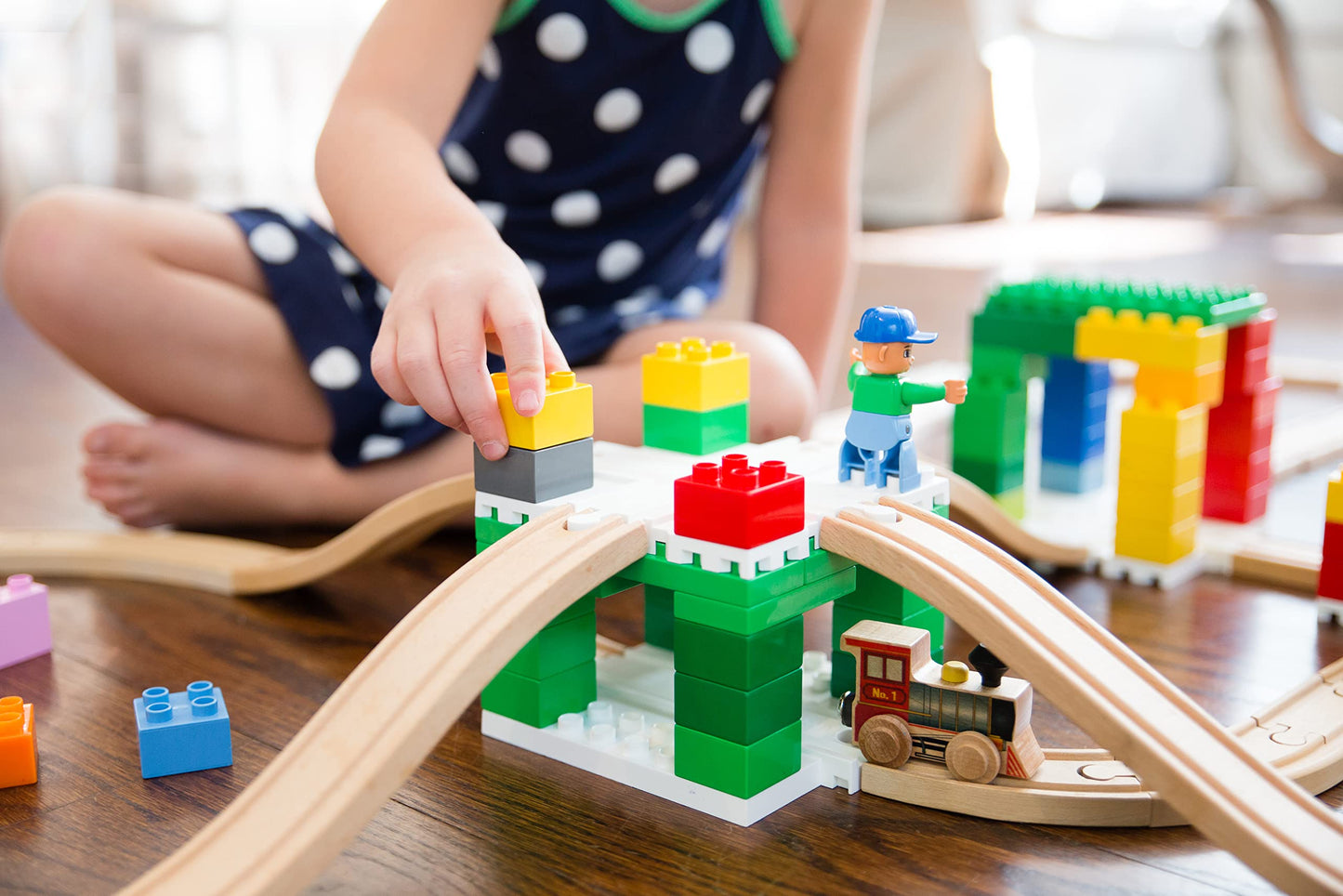 Block Platform Combo Pack, 1 Straight 1 Cross Track, Connect Wooden Train Tracks And Blocks/Bricks, Universal Compatible Connect