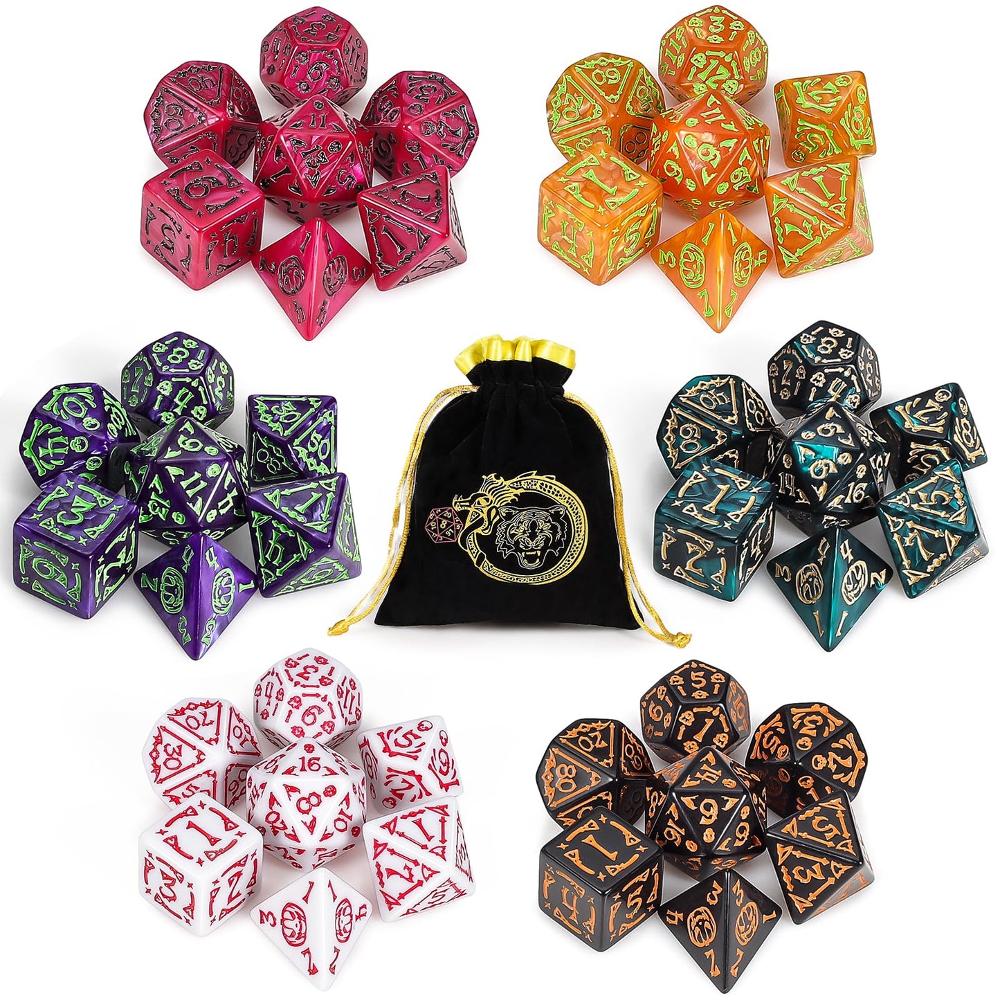 CiaraQ DND Polyhedral Dice Set (42pcs) with A Gold Pattern Drawstring Bag for Dungeons and Dragons RPG MTG Table Games. 6 Sets H