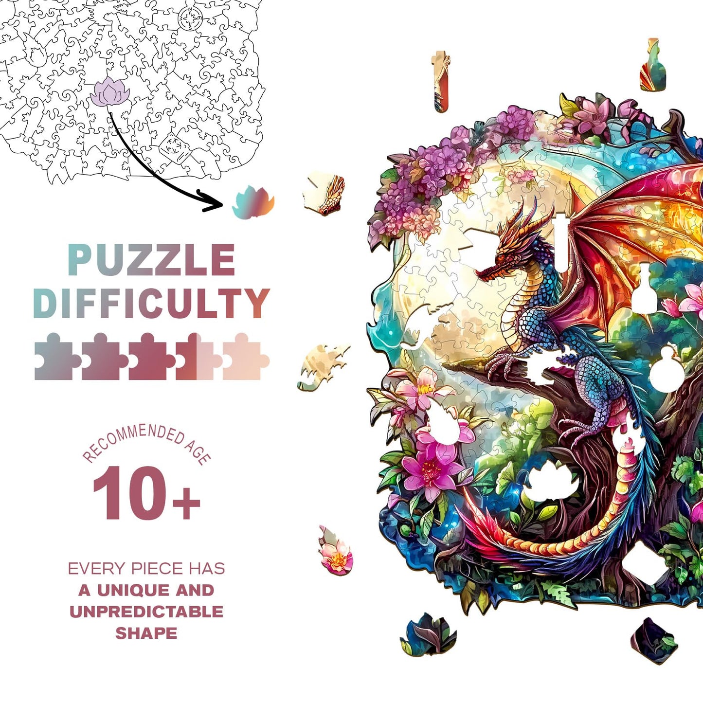 Wooden Puzzles for mature-themeds - Challenging Dragon in Moonlight mature-themed Puzzle  Unique Animal Shaped Wooden Jigsaw Puzzles for mature-themeds  Creative Gifts Family Games 11.4 * 9.3in 170pcs