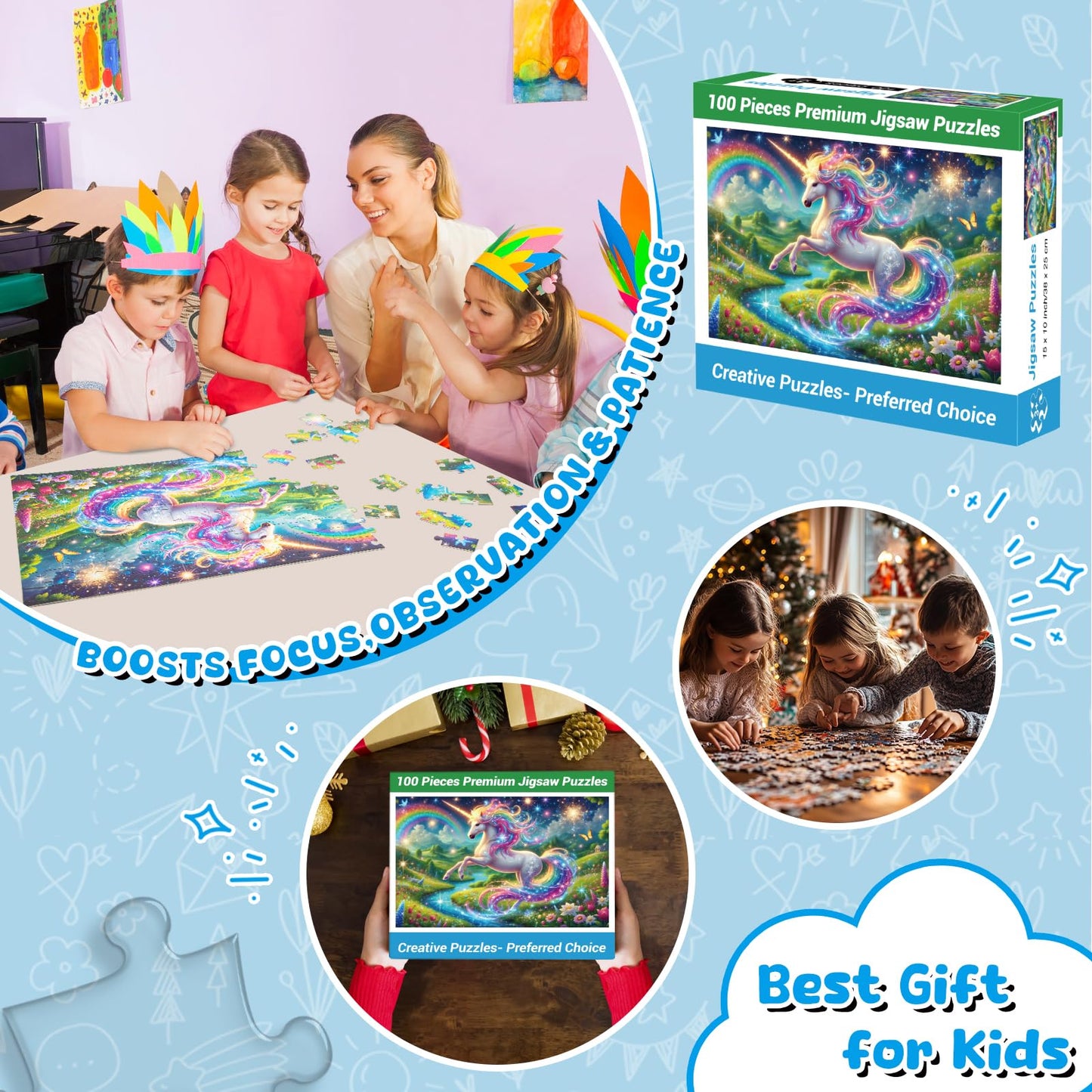 100 Piece Puzzles Raibow Unicorn Puzzle for Kids Ages 4-8 8-10, 100 Piece Jigsaw Puzzle for Adults Children Learning Educational