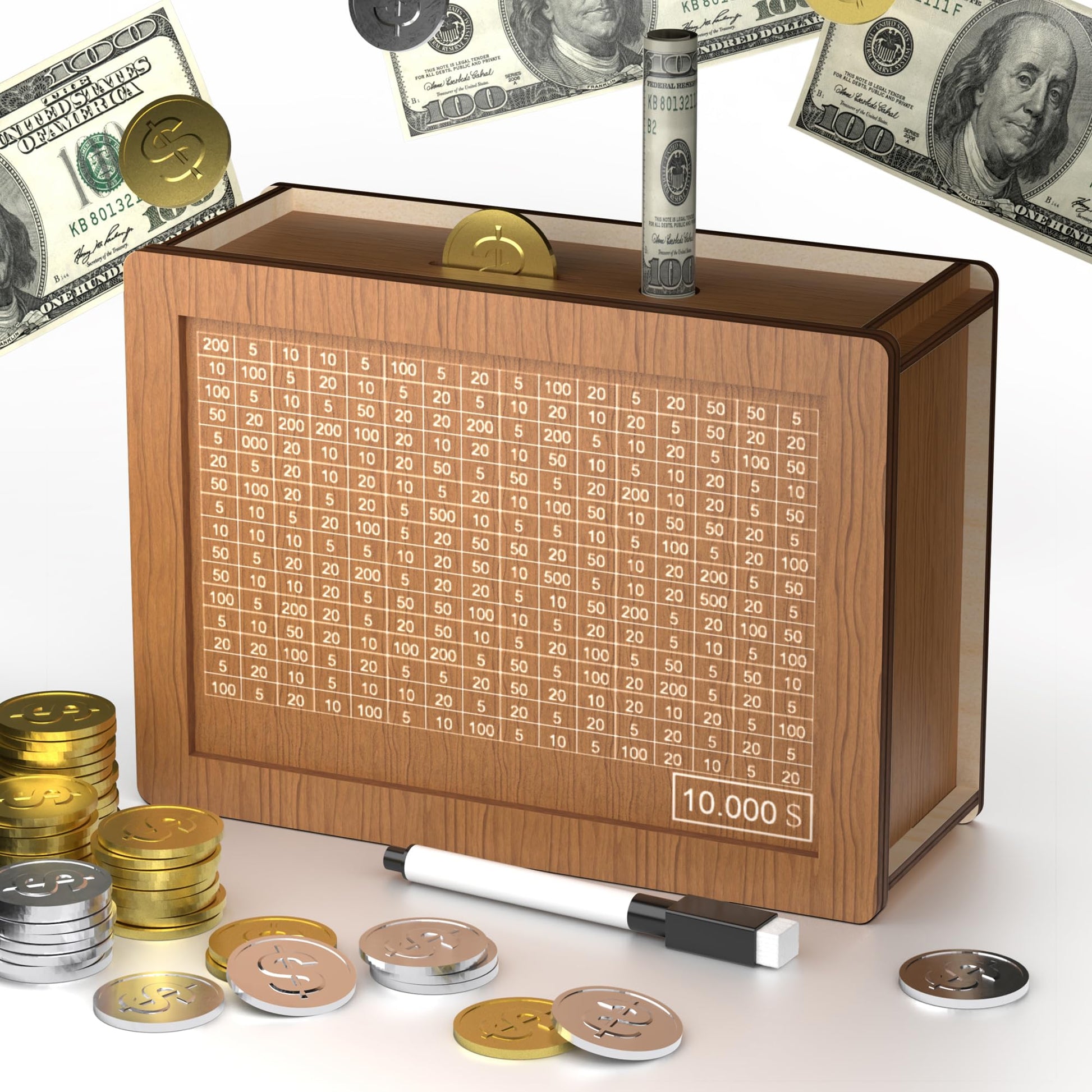 10000 Savings Challenge Box Cash Vault Wooden Coin Bank Money Saving Box With Target And Numbers - Piggy Bank For Kids Adults 10