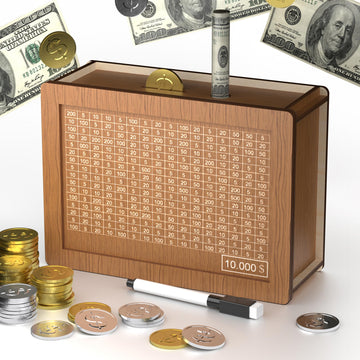 10000 Savings Challenge Box Cash Vault Wooden Coin Bank Money Saving Box With Target And Numbers - Piggy Bank For Kids Adults 10