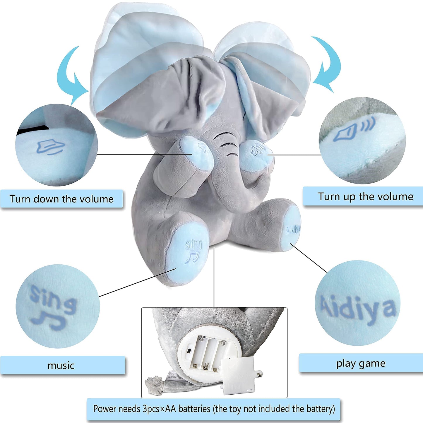 Aidiya Elephant Stuffed Animals Baby Gifts Peluches Ear Interactive Elephant Talking Singing Plush Toys For Girls Boys Gift Adjustable Volume 11.8' Set (Blue)