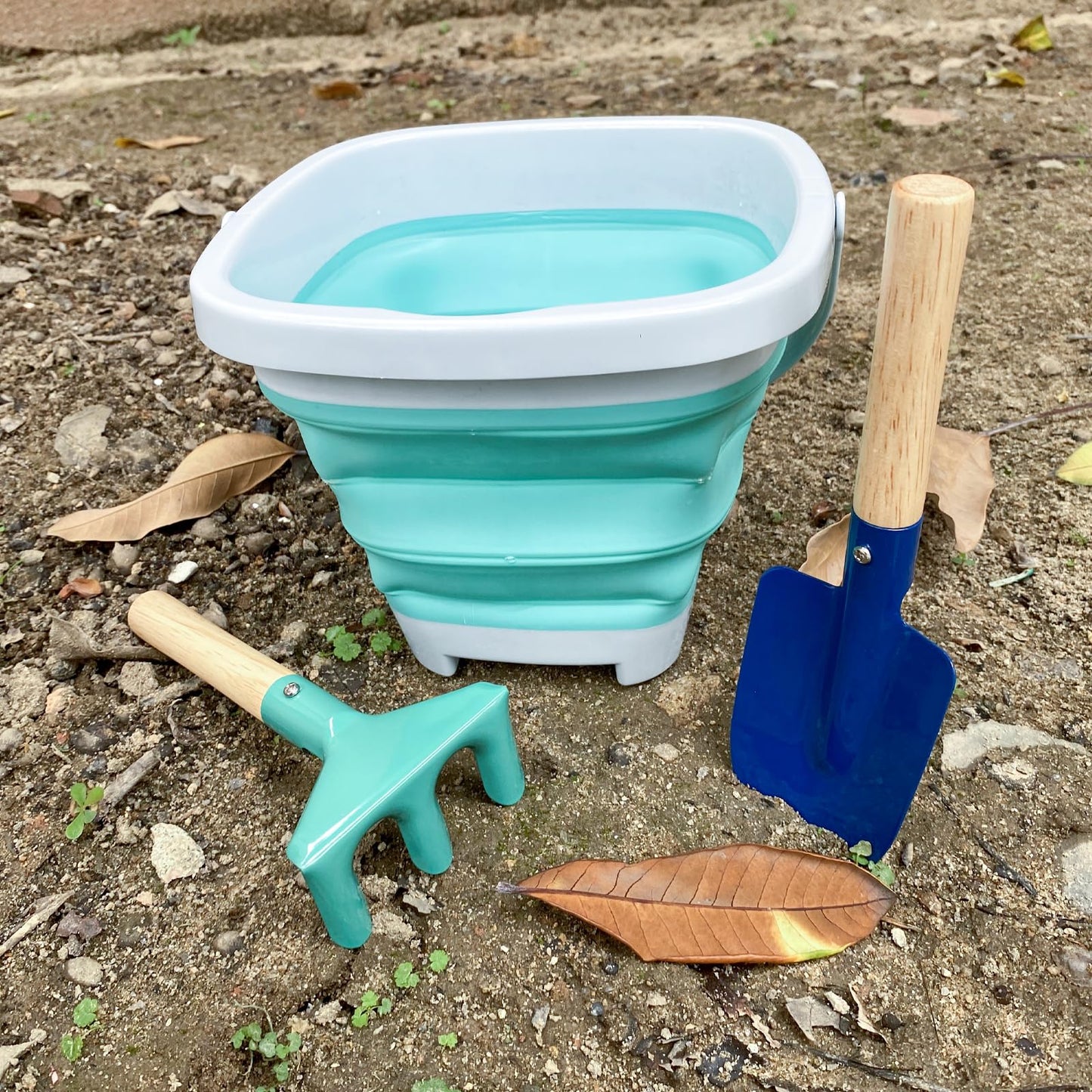 Okgd 3 Pieces Collapsible Beach Bucket For Kid Toddler,Toddler Outdoor Toys Shovel And Rake Made Of Metal For Kids Beach Travel