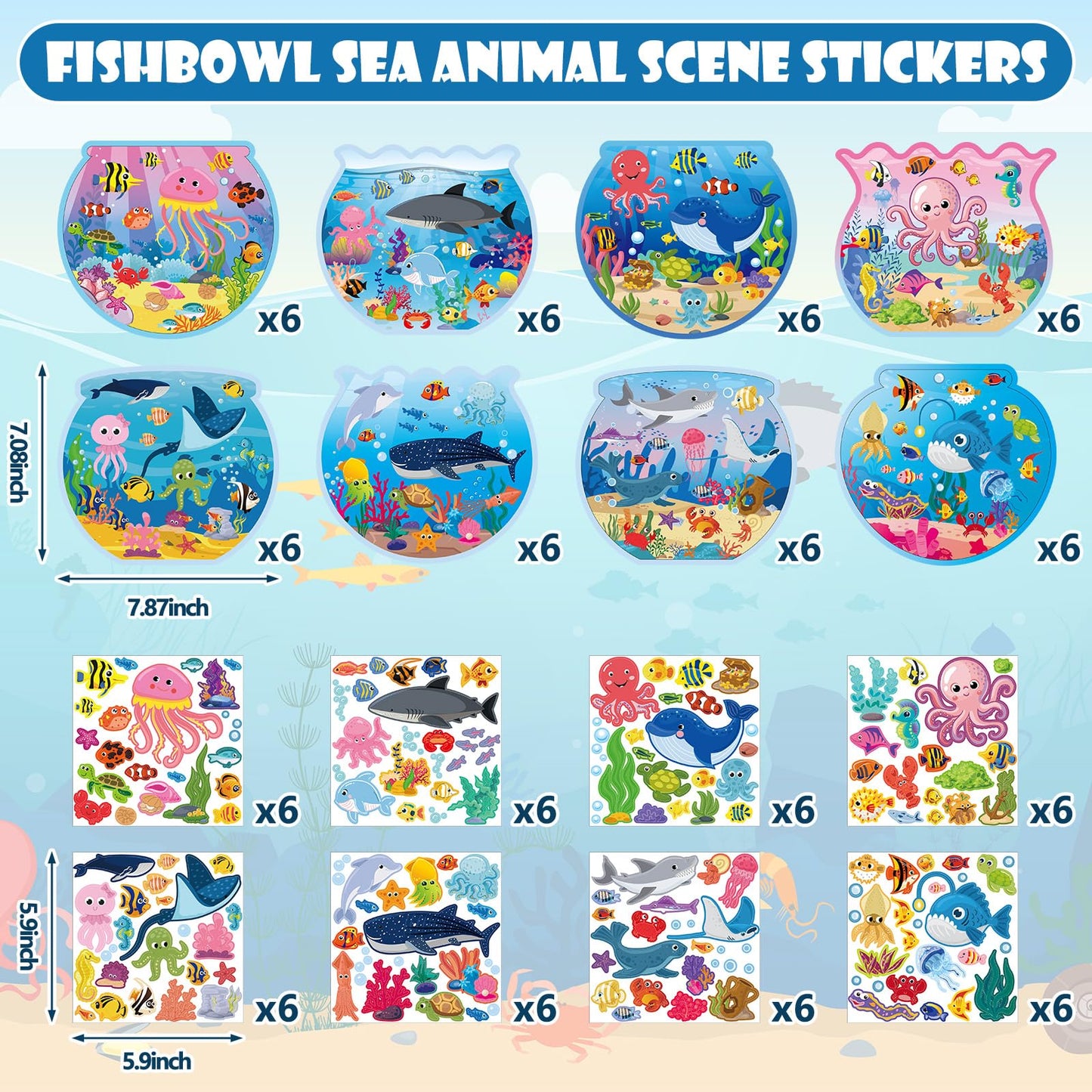 Frienda 48 Set Summer Craft Kit Fishbowl Under The Sea Sticker Crafts Bulk DIY Ocean Sea Animals Scene Stickers Shark Clown Fish