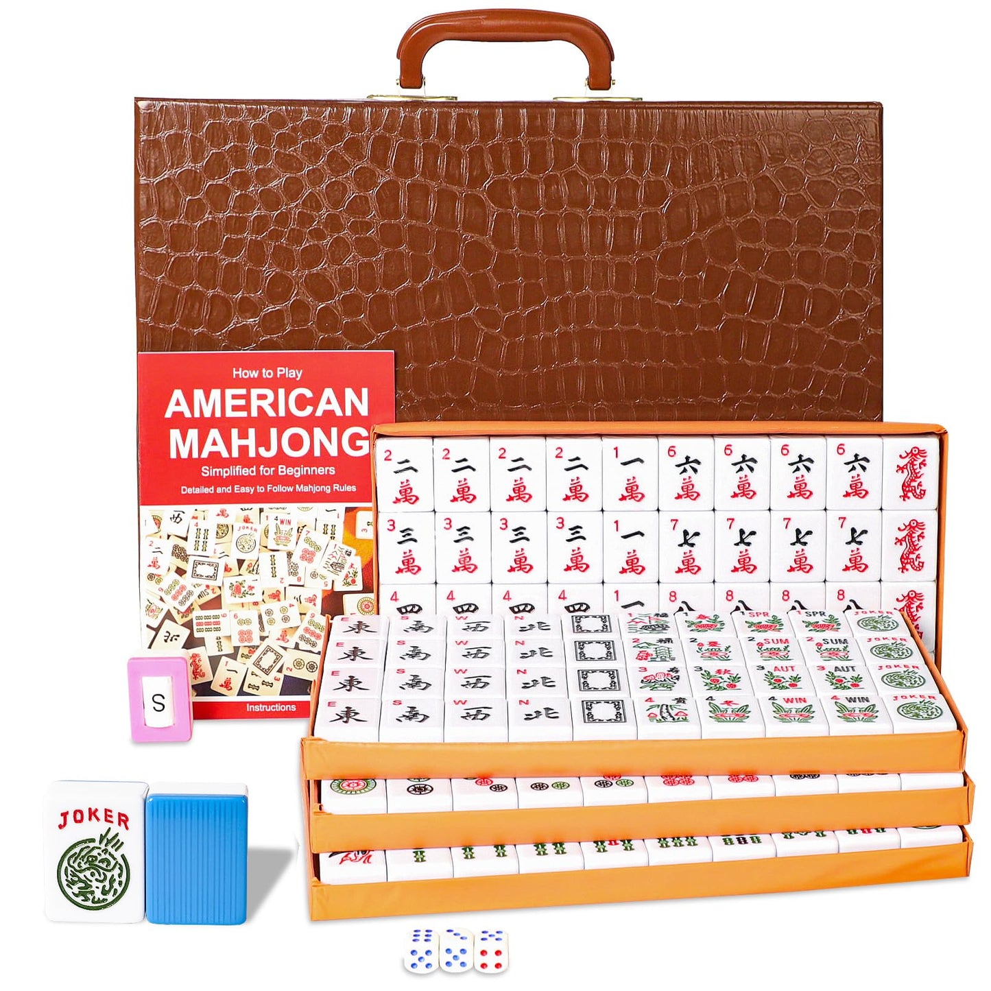 GUSTARIA American Mahjong Game Set, Mahjong Tile Set with 166 Numbered Large Tiles (1.5'', Blue), Mahjong Tiles Set with Brown C