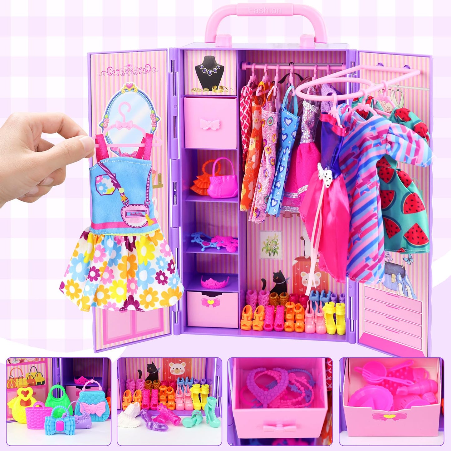 Ecore Fun 108 Pcs Doll Clothes And Accessories With Purple Doll Closet For 11.5 Inch Doll, Girl Doll Dress Up Including Party Dresses Fashion Dress Outfits Swimsuits Shoes Hangers Bags Necklaces
