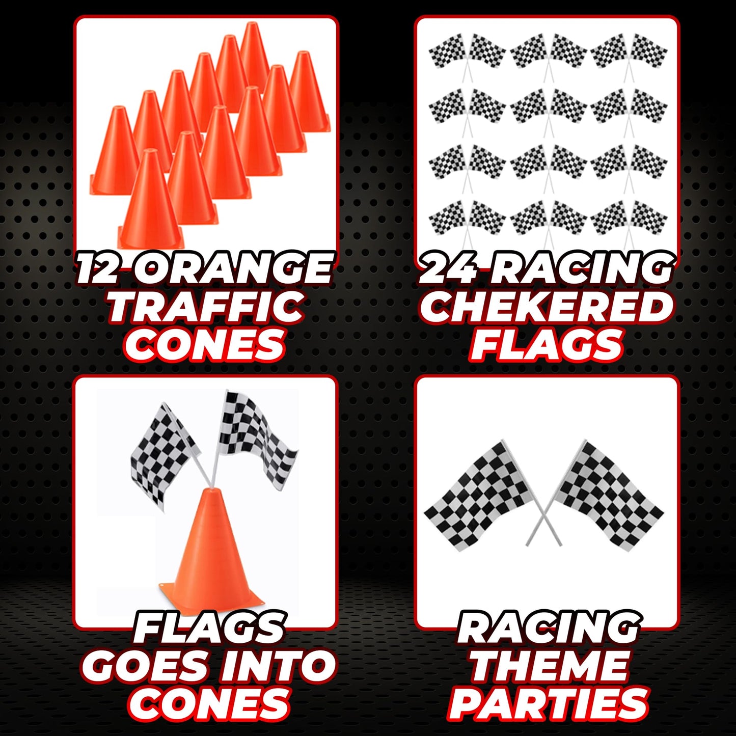 Bedwina Race Car Birthday Party Decorations - (36 Pcs) 12 - 8-Inch Orange Mini Cones for Kids & 24 Black & White Checkered Flags