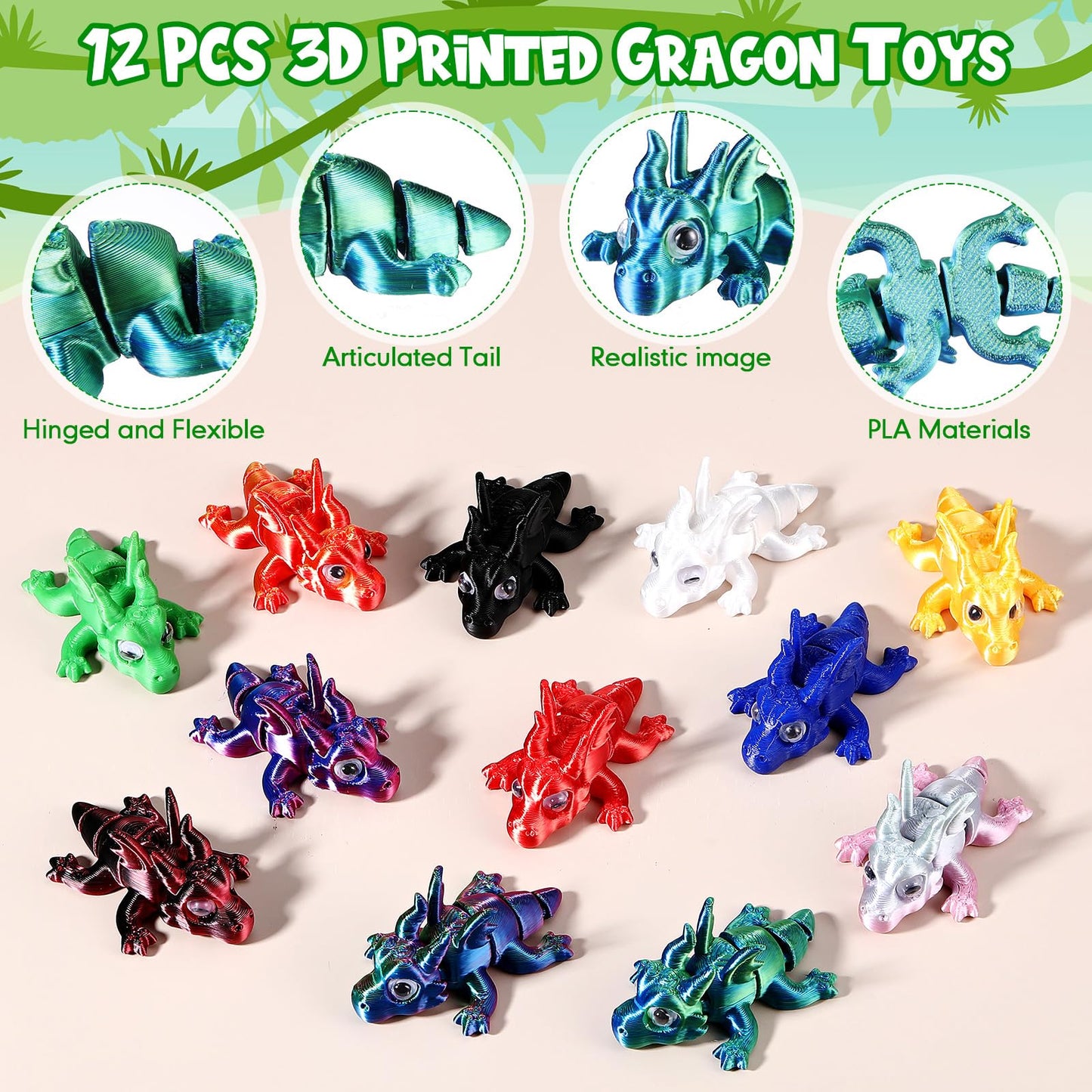 Honoson 12 Pcs 3D Printed Fidget Toy 3D Printed Chinese Dragon Small Animal Toy Flexible Cute Articulating Pet Stress Relief Fid