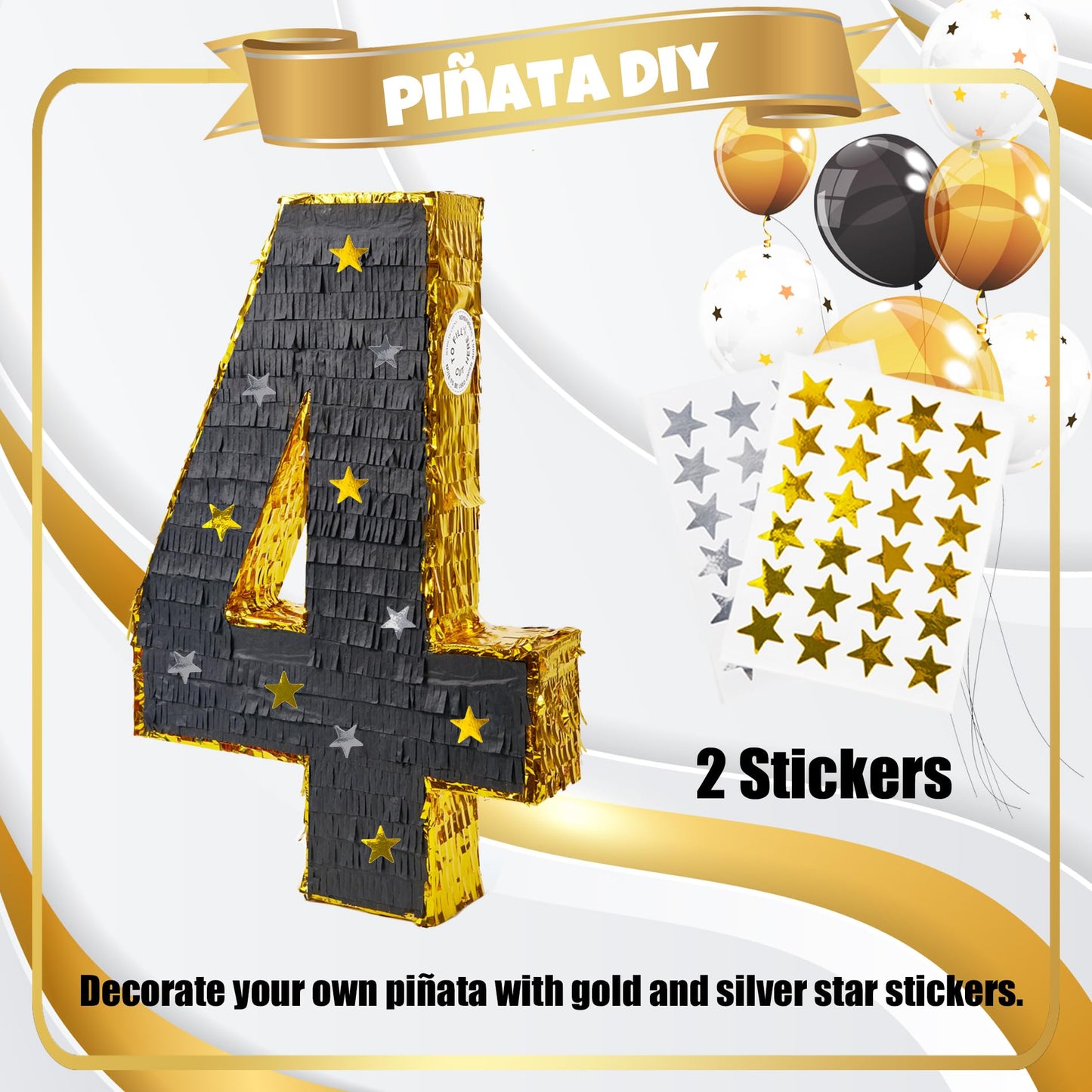 PCFING 20 Inch Number 4 Piata Gold Black with 30 Inch Piata Stick Blindfold Confetti for Man Women Kids Birthday Party Decoratio