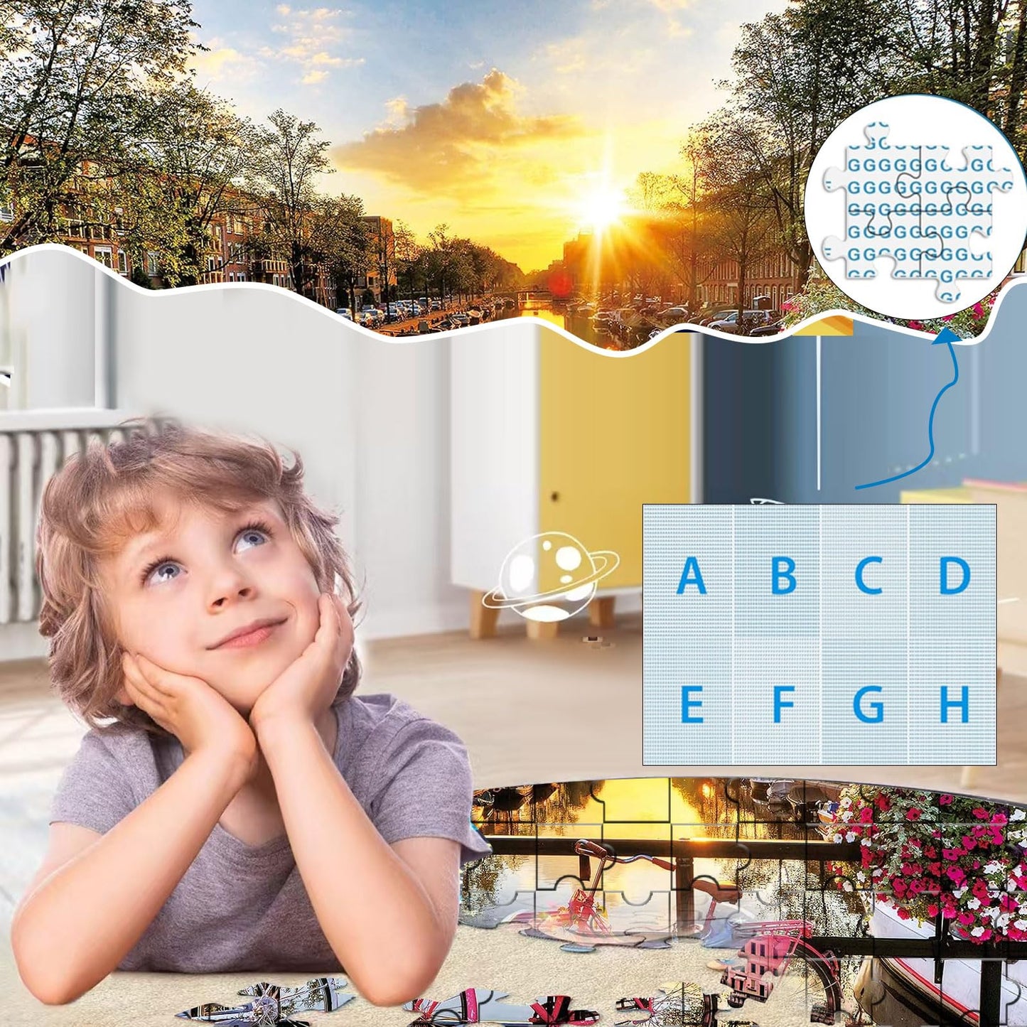 Diiopoty Puzzles for Adults Jigsaw 500 Piece Amsterdam Spring Quiet River Sunrise Flower with Bicycles for Family Fun Games Chal