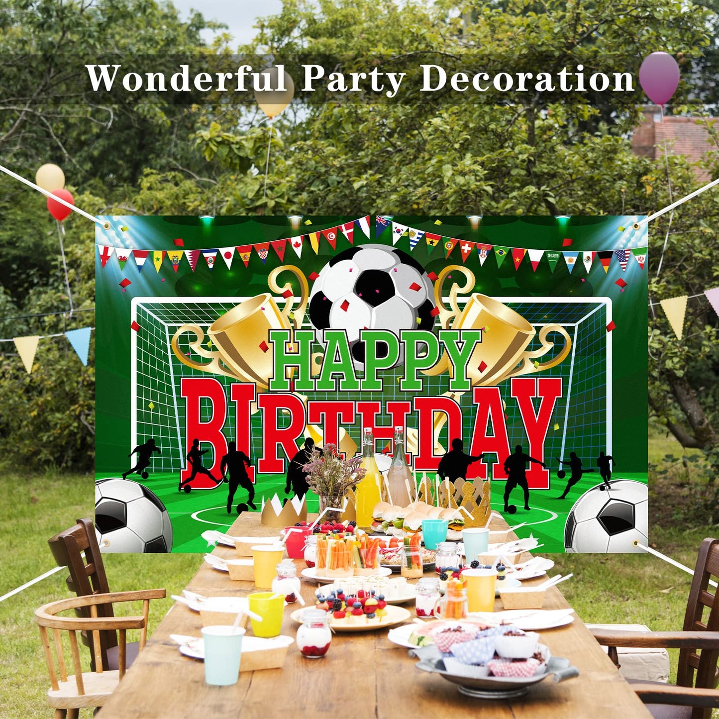 durony Soccer Party Backdrop - 70.8x43.3" Polyester Birthday Banner, Black/Orange/Yellow, Model DY0661