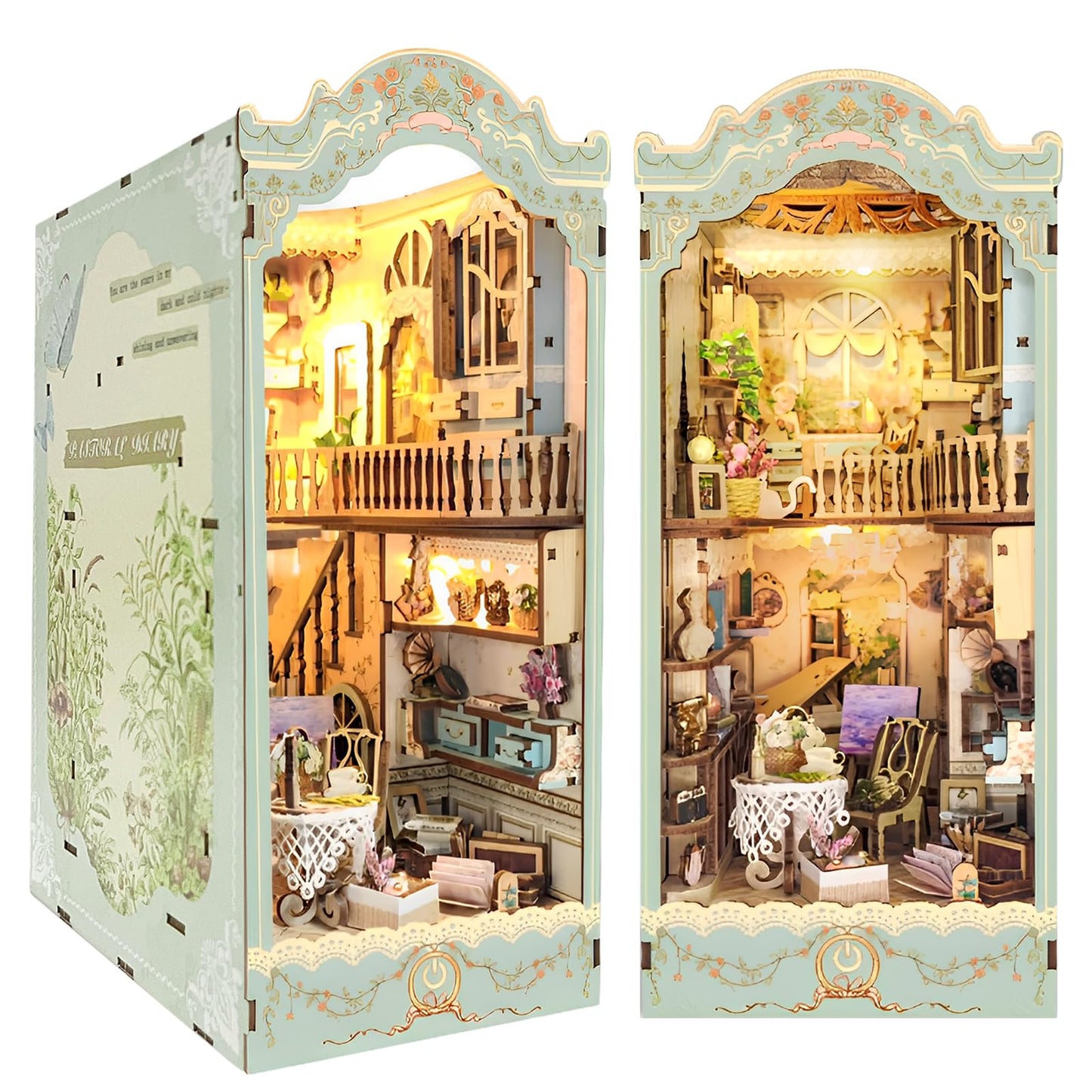 CRIOLPO Book Nook Kit - DIY Dollhouse Booknook  Book Nook Miniature Kit for Bookshelf Insert Decor Craft for mature-themed Teen Halloween  3D Wooden Puzzle Bookends with Sensor Led Light