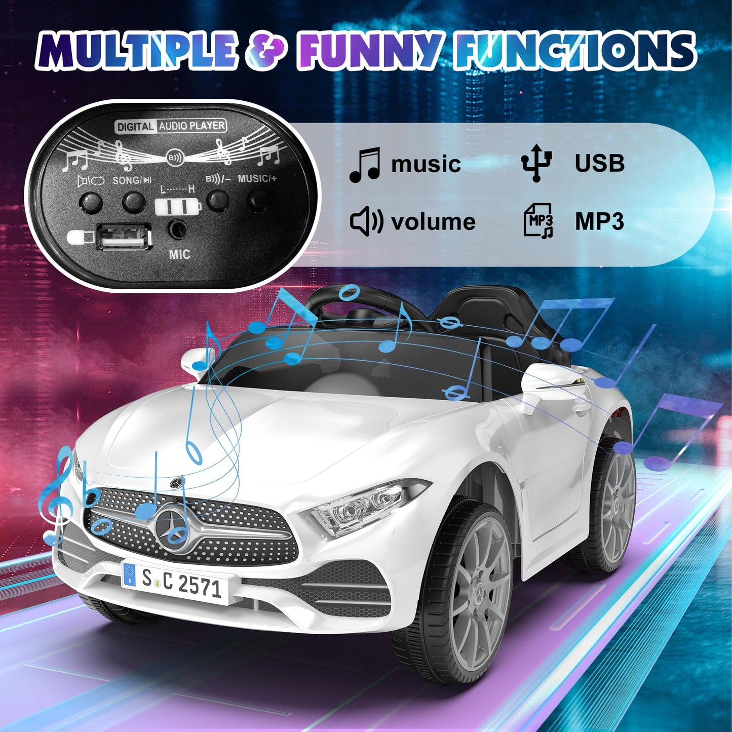 12V Kids Ride On Car With 2.4G Remote Control,Battery Powered Electric Car Ride On Vehicle Double Doors, 5 Point Safety Belt,Led Light (Sc-White)