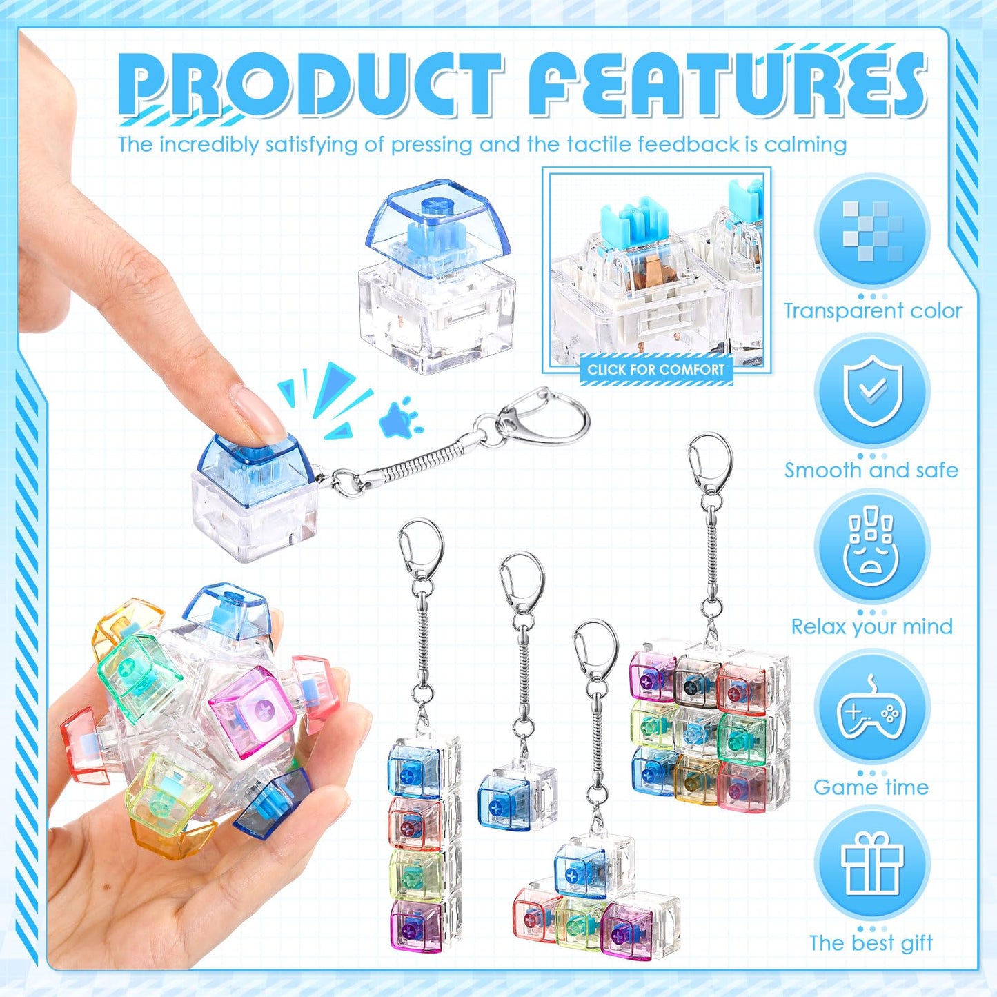 Halloscume 5 Pcs Keyboard mature-themed Fidget Toy Clicker Toy in 5 Styles Keyboard Fidget Keychain Cube Mechanical Key Button Clicker Stress Relief Gift for Office Home Pass Time(Color Transparent)