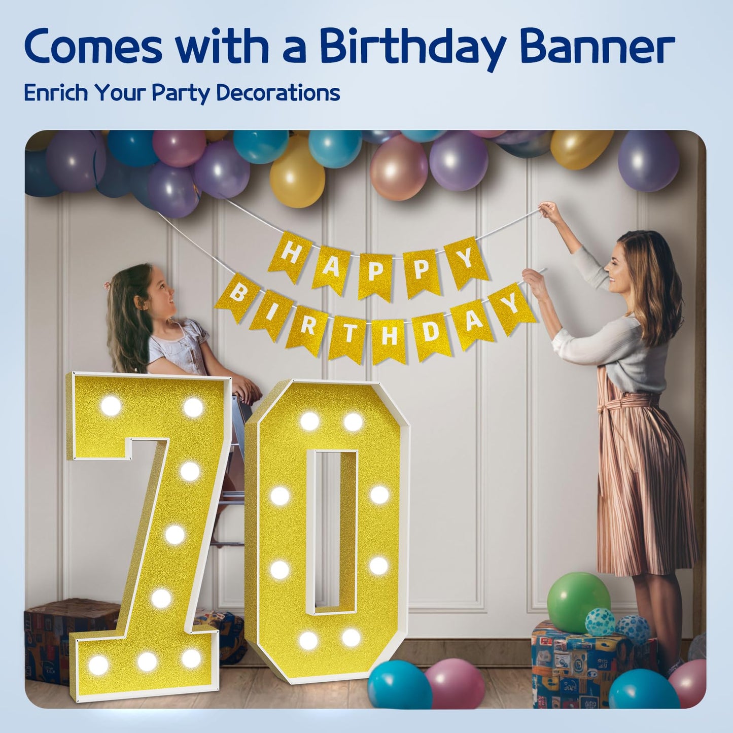 Imprsv Marquee Numbers Gold 70Th-Birthday Decorations: Large 3Ft Light Up Number 70 Birthday Decoration For Women Men Seventy Ye