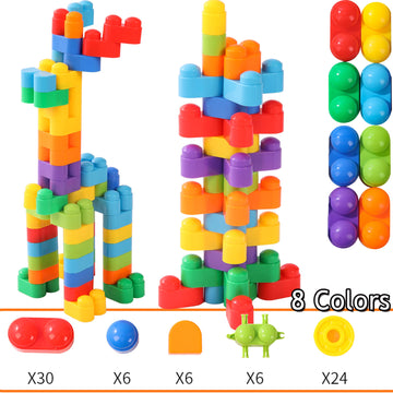RAINBOW TOYFROG Building Blocks Toys for Toddlers-Educational Development STEM Toys-Safe Skill Building Toys for Boys&Girls - Set of 74pcs with Alphabet &Umber Stickers - Included Storage Bag
