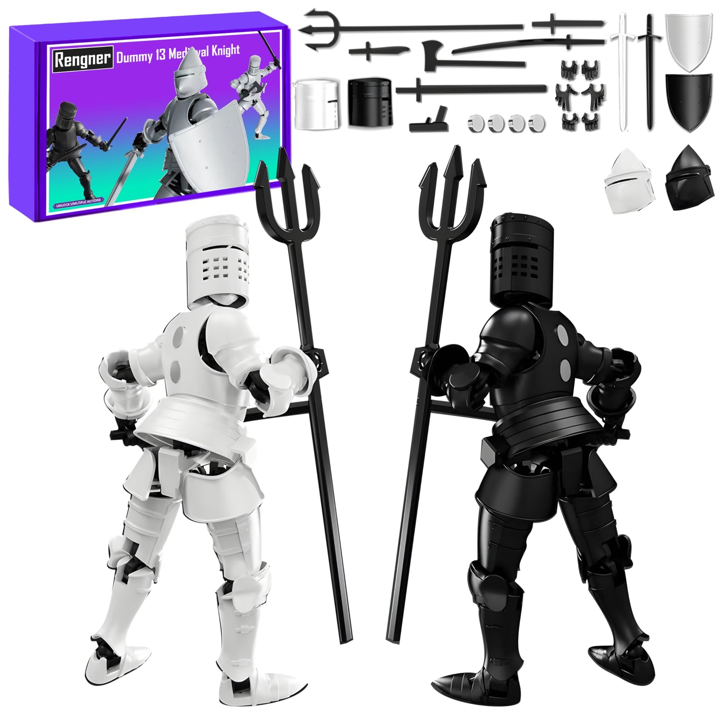 RENGNER (Pre-Assembled) Dummy 13 Robot Action Figure in protective covering  T13 Fifth Generation Medieval Knight with  and Shields  Full Body Activity Robot  Magnetic Figures Desk Toys (Black+White)