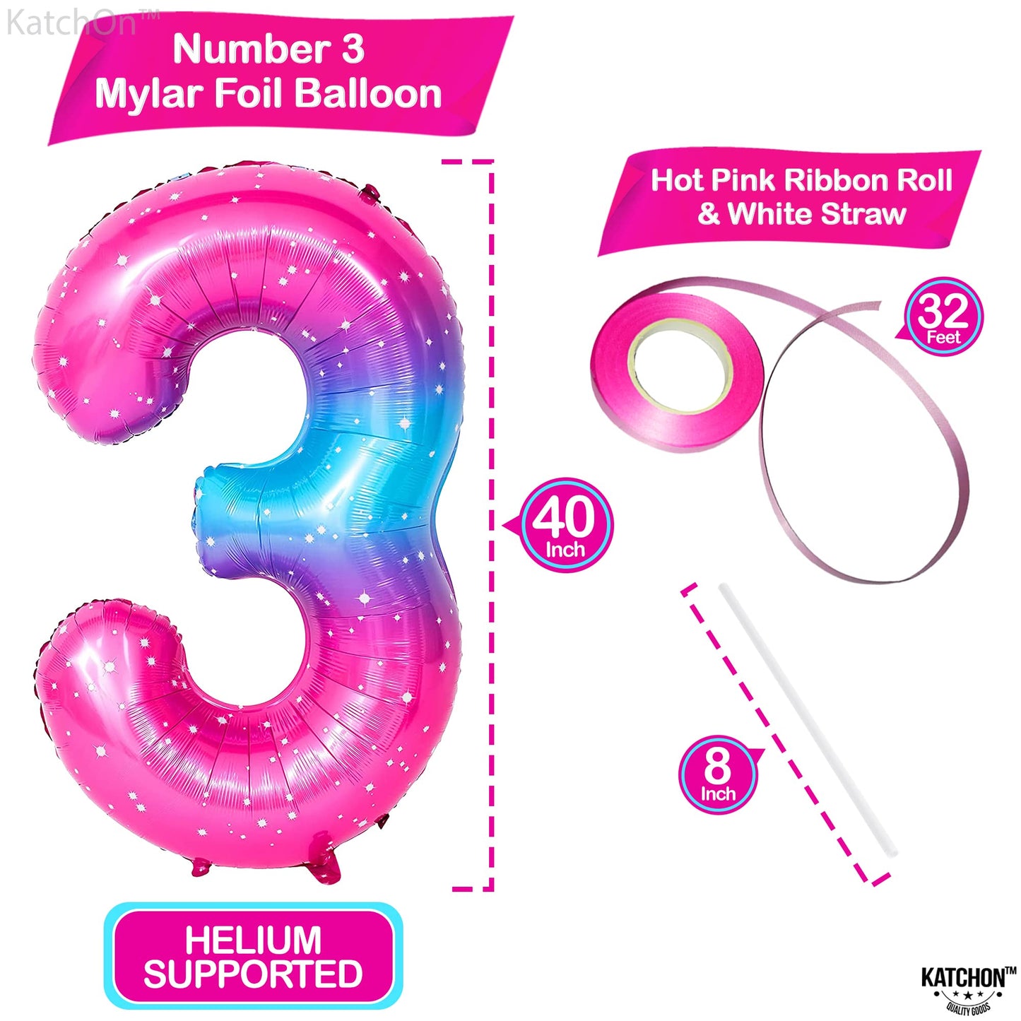 Katchon, Rainbow 40 Inch 3 Balloon - Pink Blue | 3Rd Birthday Decorations | Unicorn Party