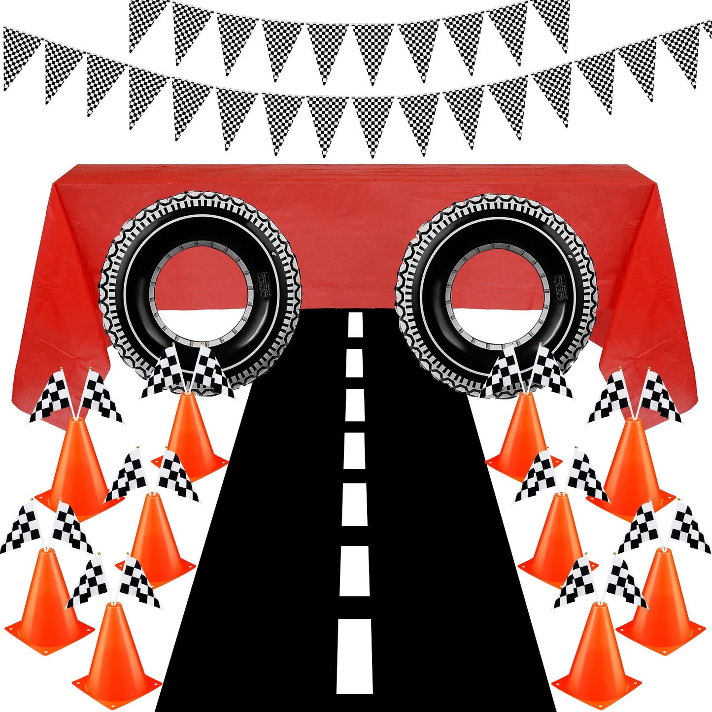 30 Pcs Checkered Racing Car Party Decorations Checked Race Flag Tablecloth Mini Traffic Cones Racing Pennant Banner Race Track Running Mat Tire Tubes Swimming For Decor (Red Tablecloth)