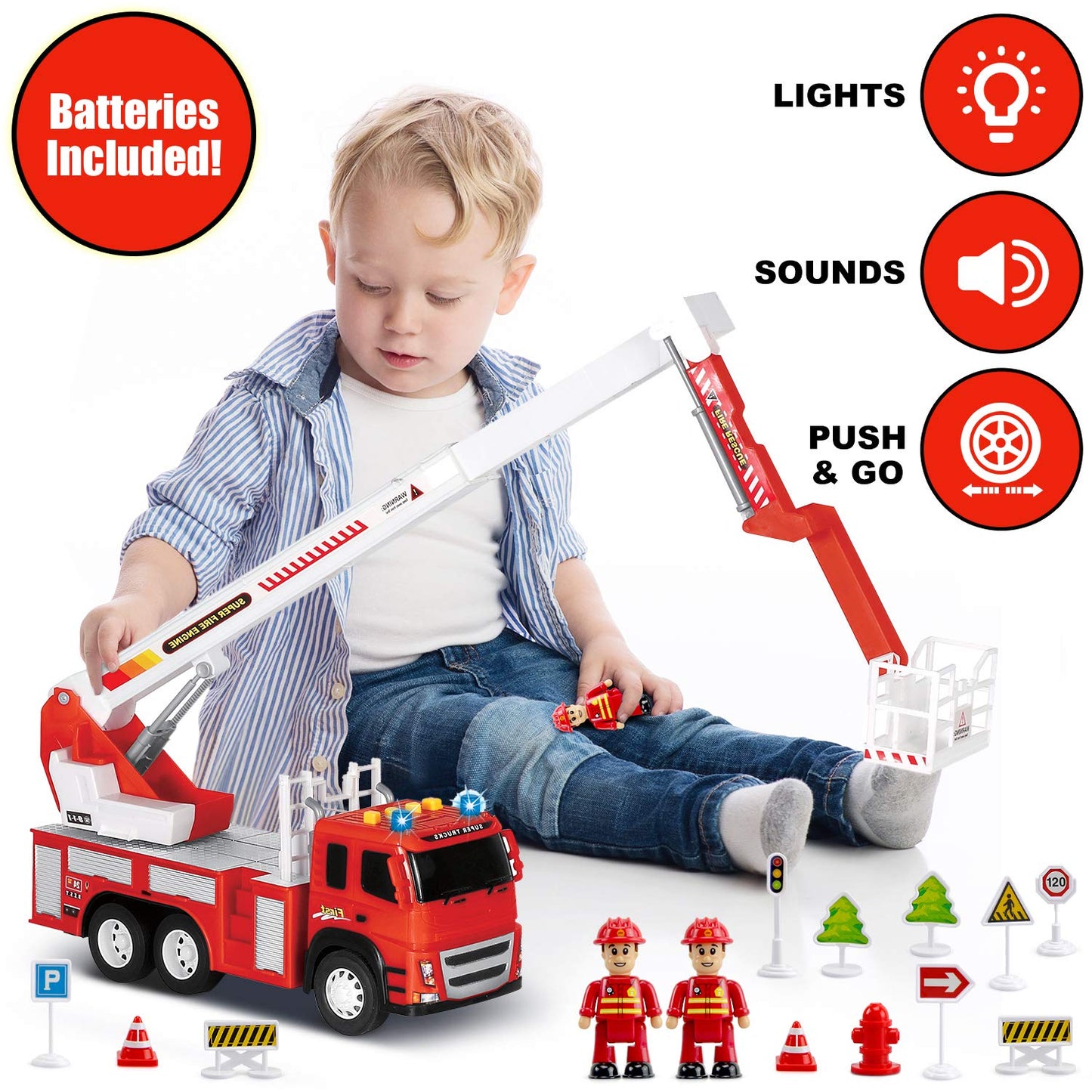 Fire Truck Playset - 1:12 Scale Large Size Toys - Realistic Fire Engine, 3 Firemen, Road Signs, Lights, Sounds - Friction-Powere