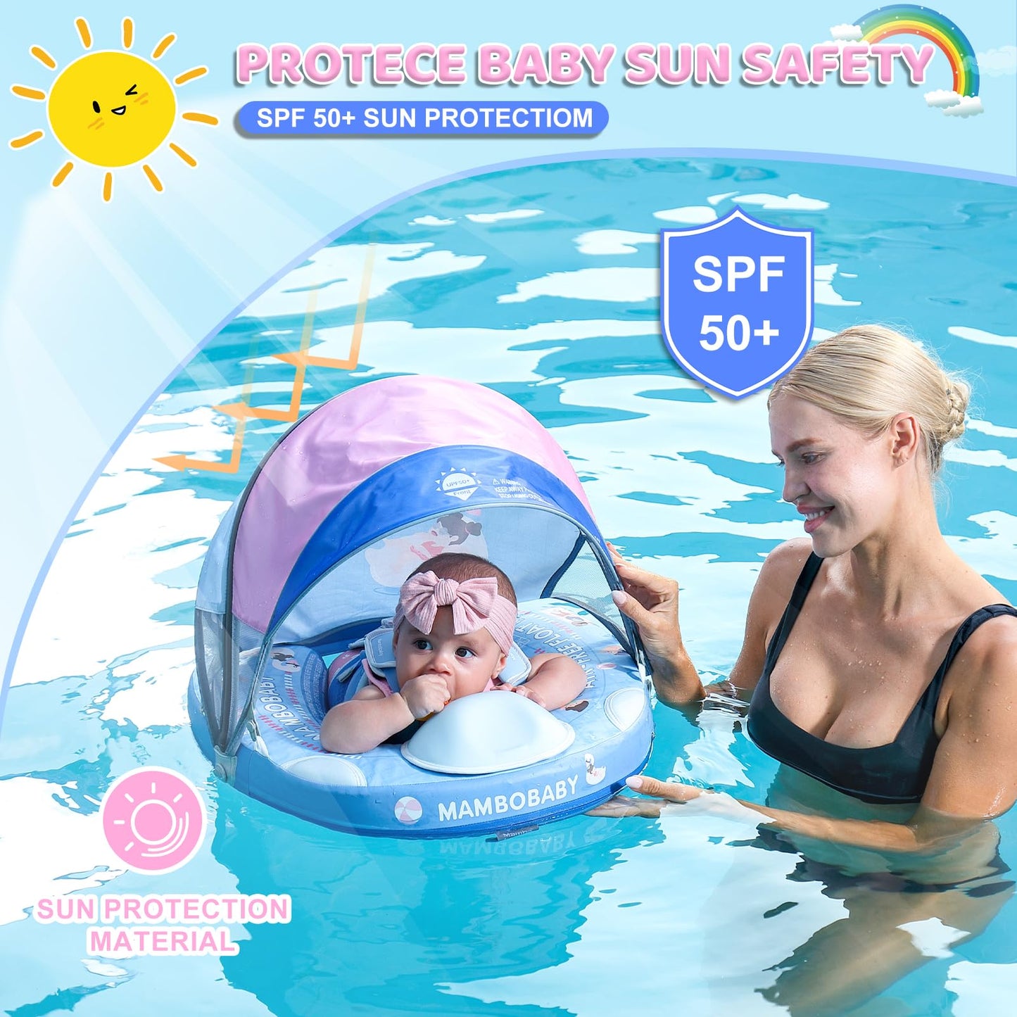 2024 Newest Mambobaby Baby Pool Float With Canopy & Tail Mambobaby Baby Swim Float Non-Inflatable Solid Baby Float Upgrade Soft