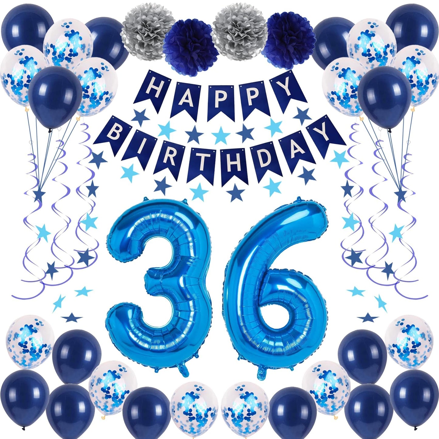Naninuneno 36Th Blue Birthday Party Decorations For Boy Girl Men Women, Happy 36 Birthday Balloons Supplies With Happy Birthday