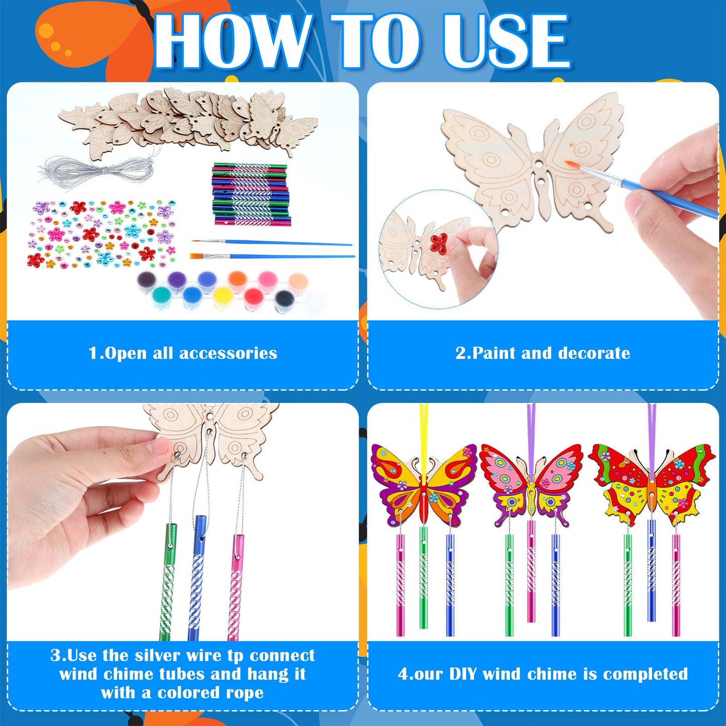 JellyArch 30 Pack Butterfly Wind Chime Making Kit for Kids Make Your Own Wind Chime Butterfly Wooden Crafts Ornaments for Girls