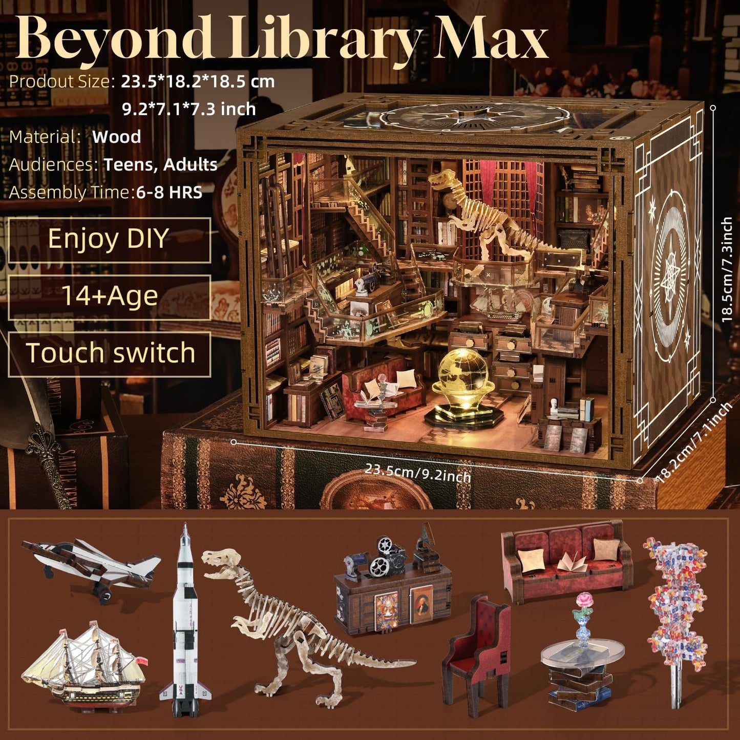 Minicity Book Nook Kit, Diy Diy Miniature Dollhouse For Adults, Beyond Library 3D Wooden Puzzle Bookend Bookshelf Insert Decor W