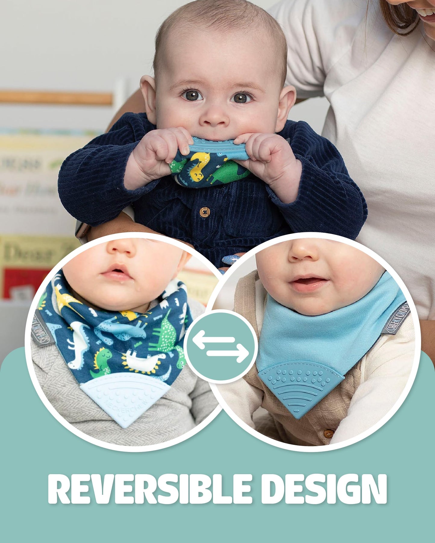 Cheeky Chompers 2-in-1 Baby Dribble Bib & Teether, Cotton, Reversible, One Size, Baby Dino, Model CCNCDINOF