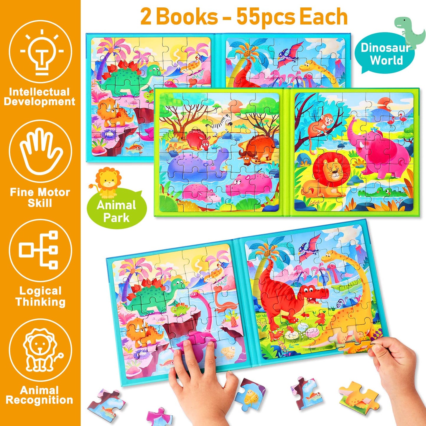 Magnetic Puzzles For Kids Ages 3-5, Two-Book Set, Dinosaur Animal Jigsaw Puzzle Magnet Books Travel Games Montessori Preschool Learning Activities Toddler Toys For 3 4 5 6 Year Old Boys Girls