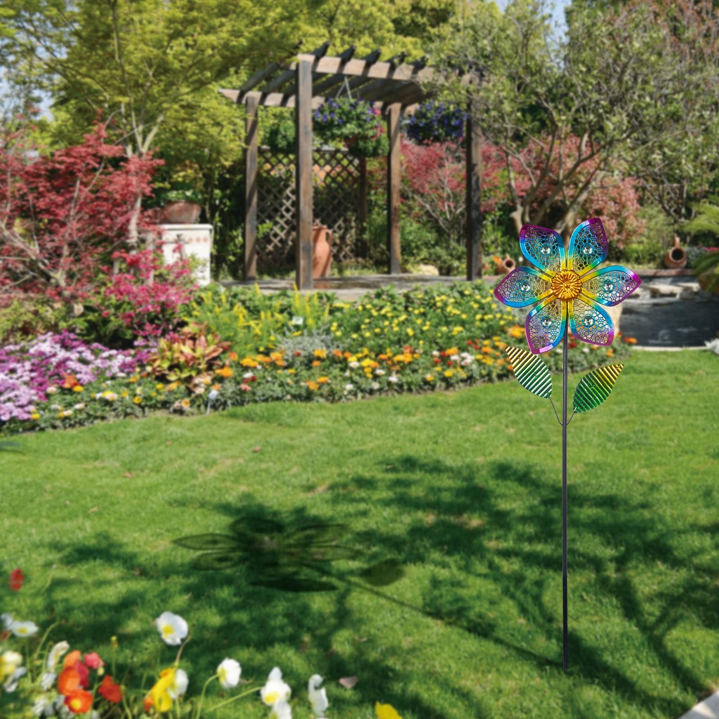 Venniy Wind Spinner With Metal Stake, Outdoor Garden Pinwheels Spinners Hollow-Out Flower Shape Design For Yard Lawn Patio Decor
