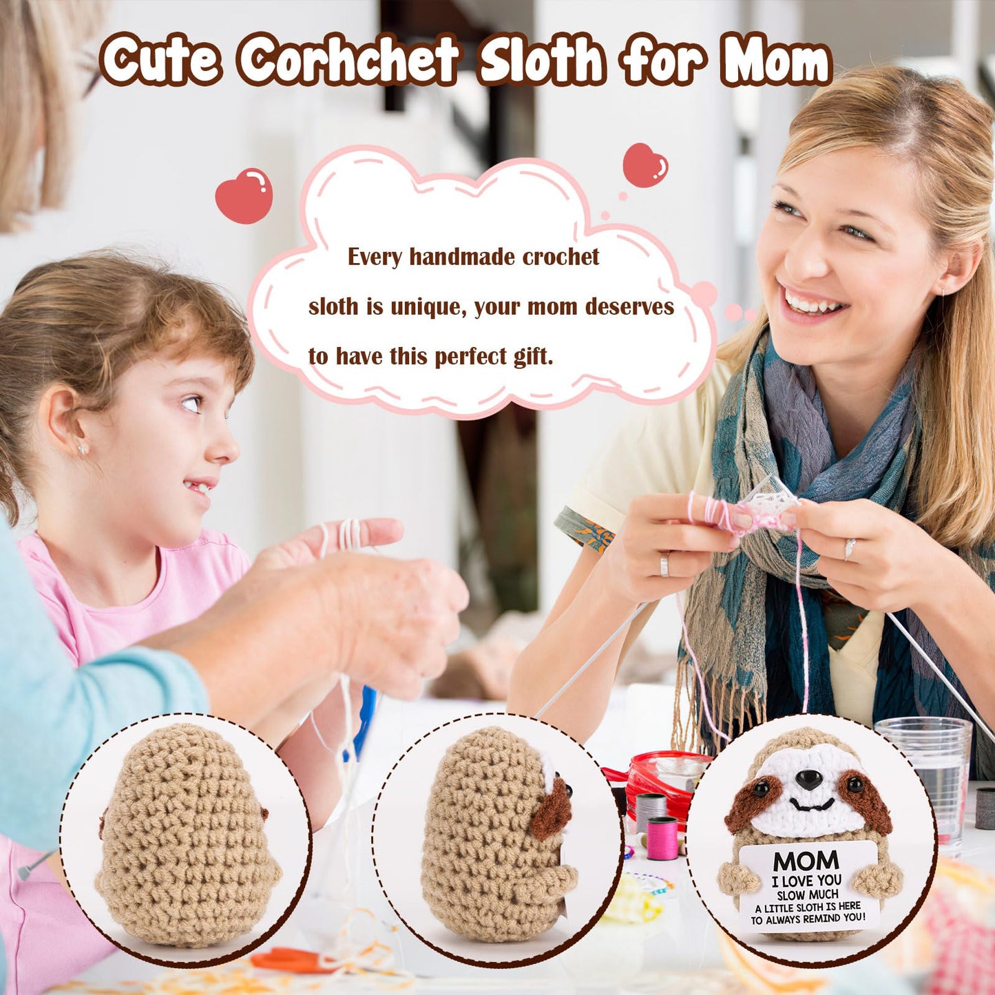 Mbl Funny Birthday Gifts For Mom - Mom I Love You Sloth Much, Handmade Crochet Cute Small Duck Unique Presents For Mama Bonus St