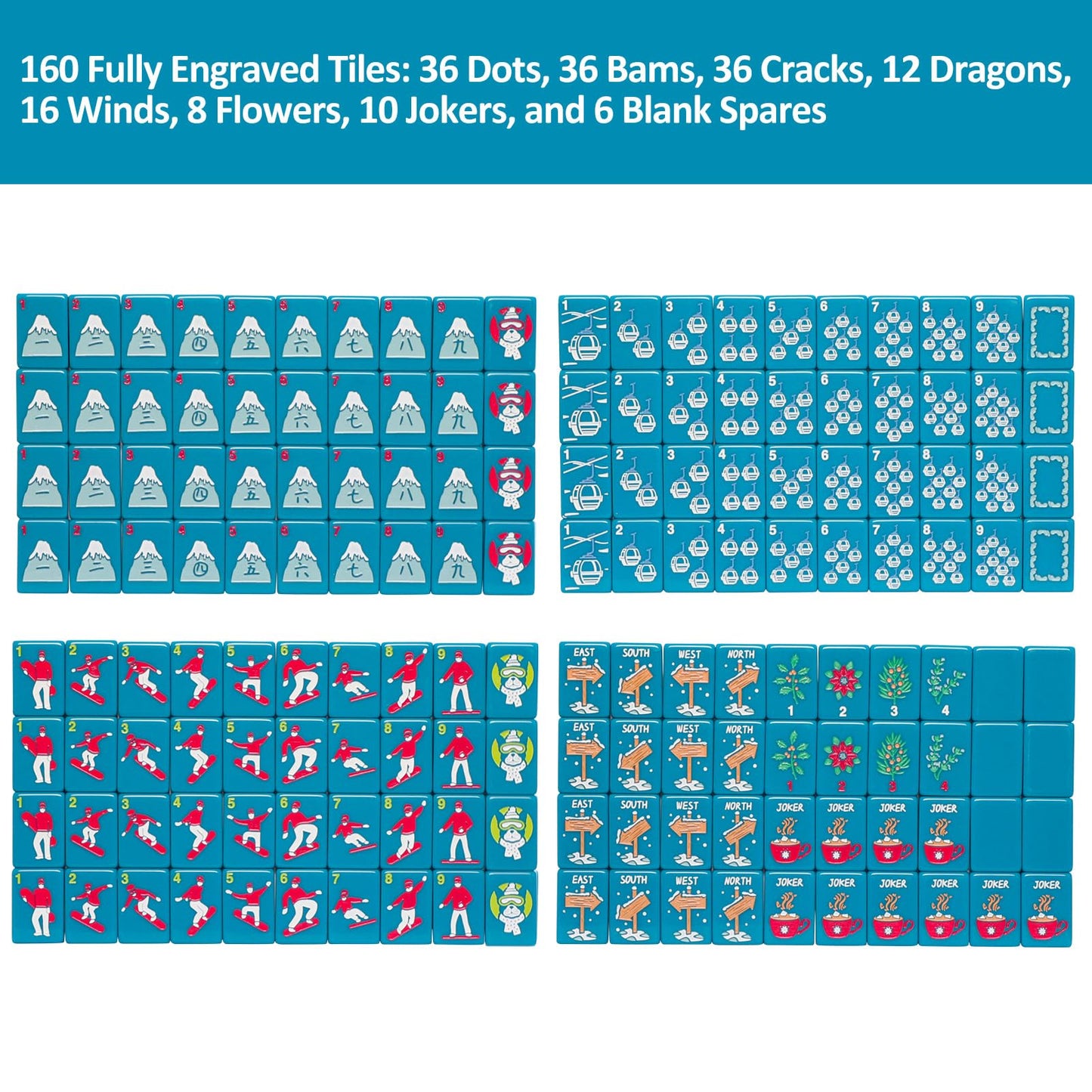 Jongyance American Mahjong Tile Set - 160 Acrylic Tiles, Peacock Blue, Includes Carrying Bag and Accessories, Compact Size 1.41x0.98x0.47 inches