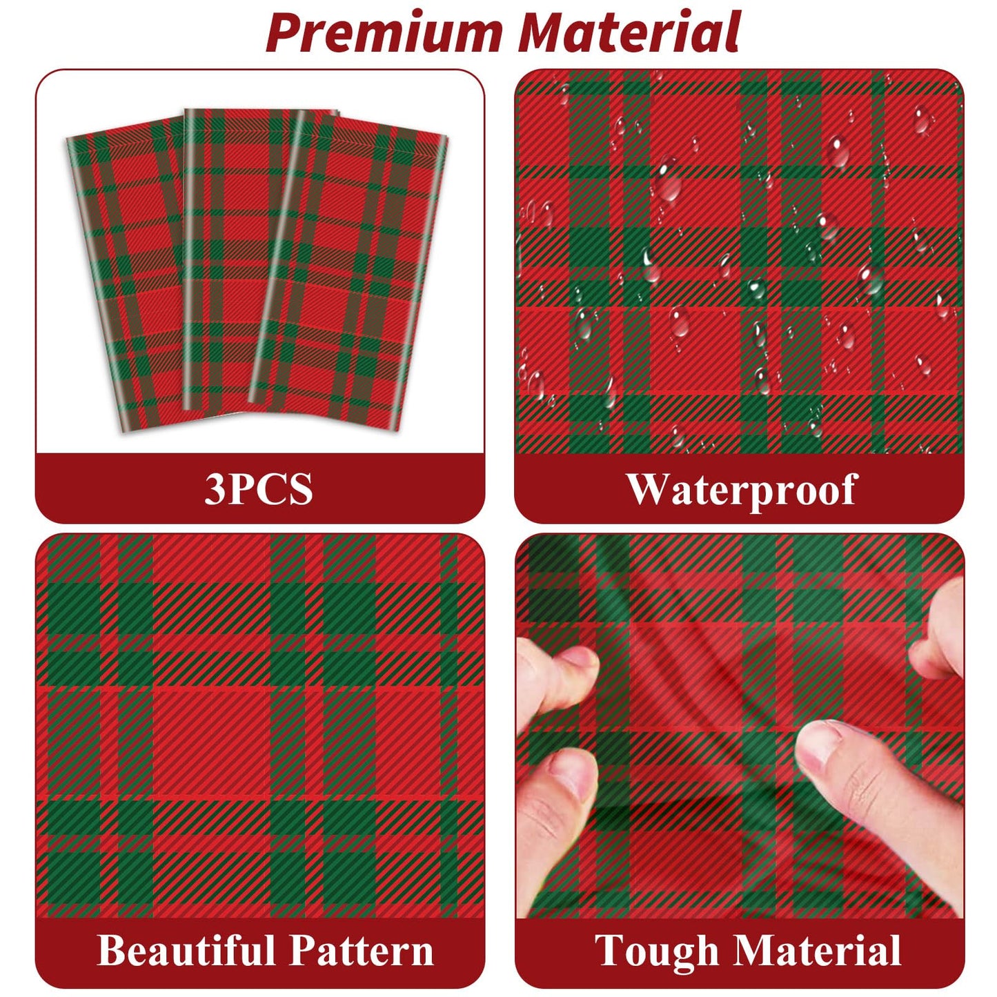 3 Pieces Christmas Tablecloth Buffalo Checkered Plaid Party Tablecover Red And Green Plastic Table Cloths Rectangle Xmas Theme P