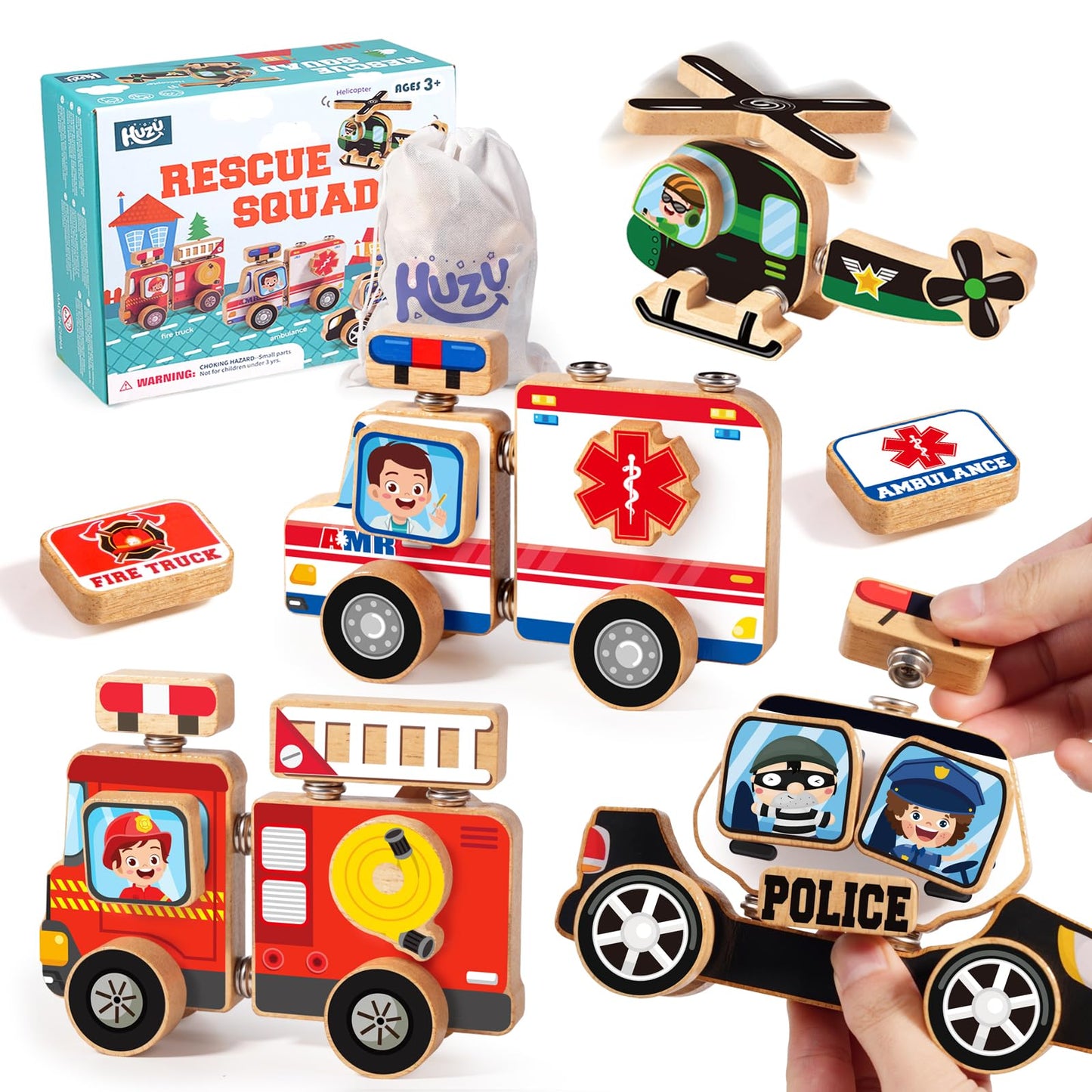 Huzu Emergency Vehicles 3D Puzzle Toy, Rescue Squad Wooden Snap Button Connection Building Blocks For Kids 3-8, Fire Truck Ambul