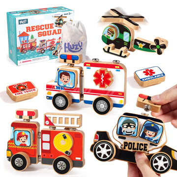 Huzu Emergency Vehicles 3D Puzzle Toy, Rescue Squad Wooden Snap Button Connection Building Blocks For Kids 3-8, Fire Truck Ambul