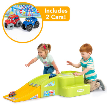 Simplay3 Deluxe Race And Ride Kids Downhill Roller Coaster And Racetrack With Cars, Indoor-Outdoor Ride-On Toy, Includes Two Toy Race Cars And Amusement Park Decals, Ages 2-5 Years, Made In The Usa