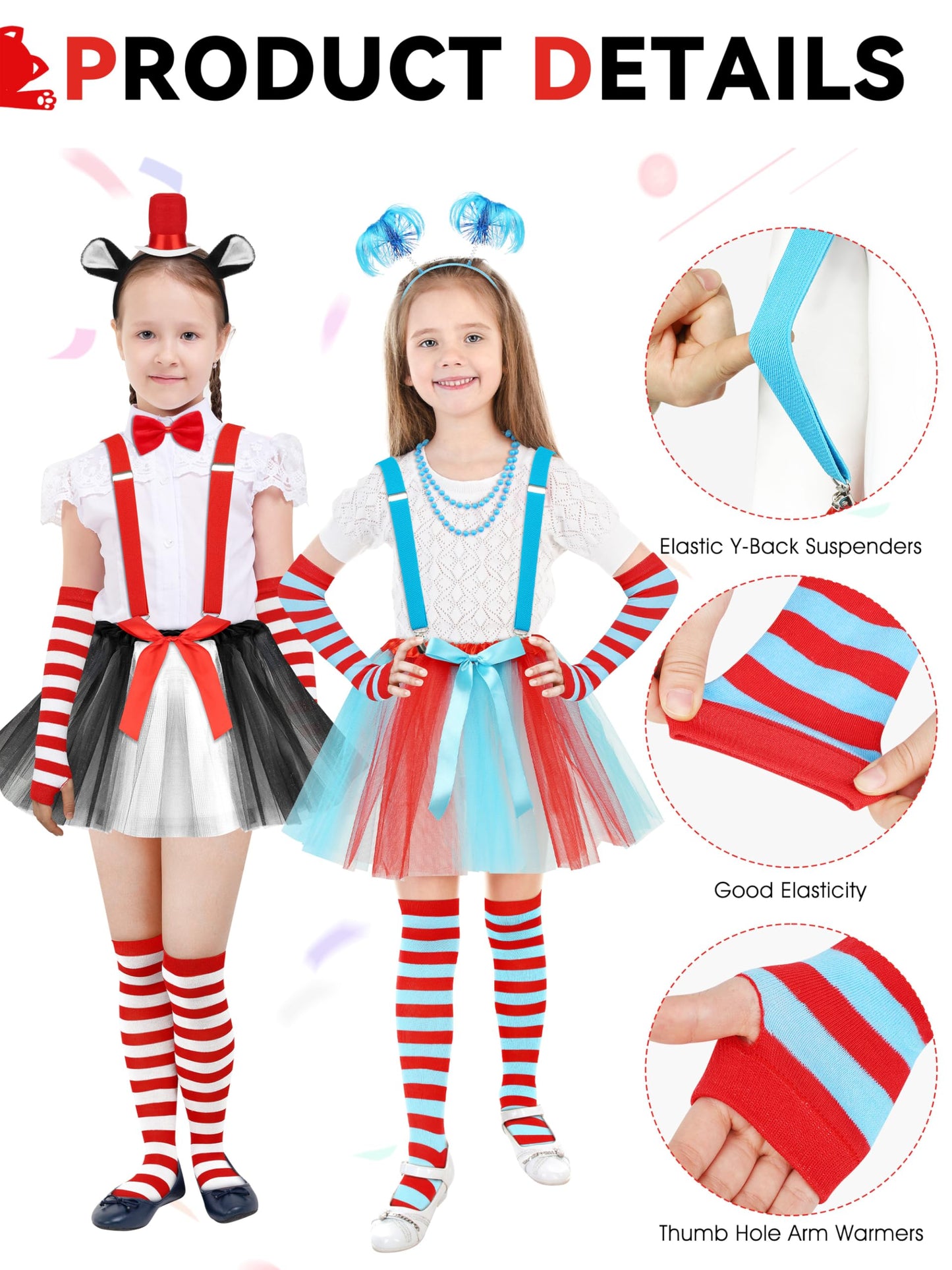 Somsoc 2 Sets Girls Tulle Tutus Striped Stockings Costume Set With Top Hat Headbands Tutu Skirts Suspenders Party Cosplay Set