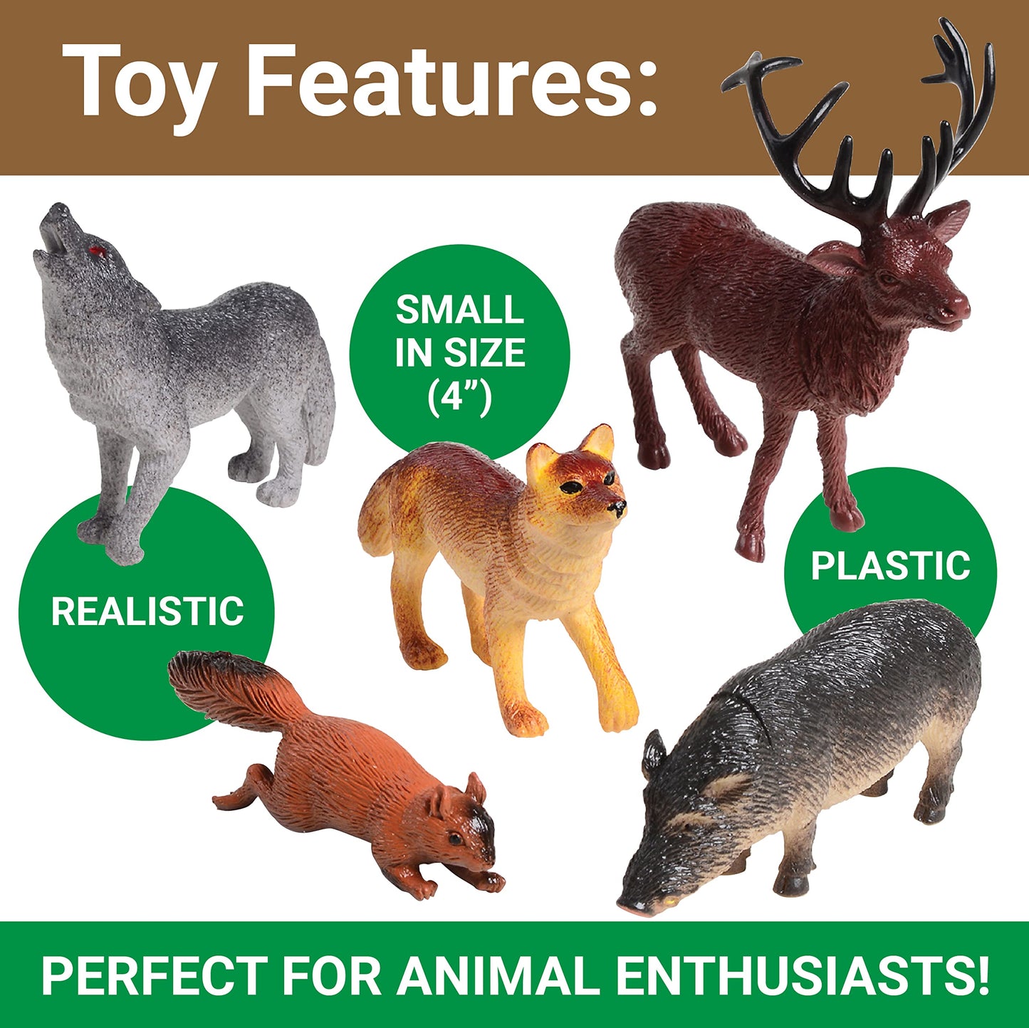 U.S. Toy Woodland Animals Figurines, Assorted Forest Animals Figures, Styles And Colors, Lot Of 12, Toys For Kids 3-5 And Older