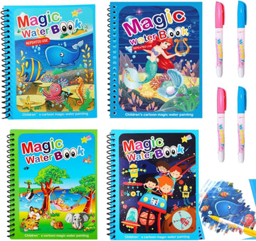Toy Imagine 4-Pack Water Magic Coloring Books With Refillable Pens - No-Mess Water Reveal Activity Book Set For Kids - Reusable 