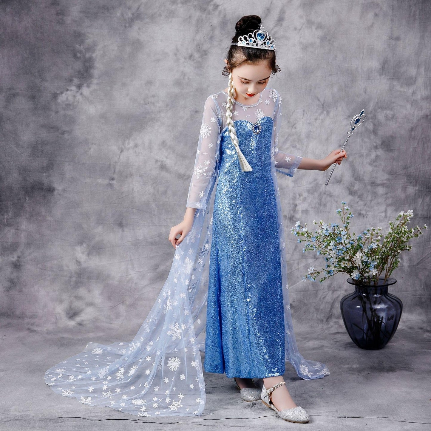 Sototoo Elsa Costume Long Sleeves Princess Dress Queen White Costume Cosplay Dress Up With Accessories Halloween (Navy,10-12Year