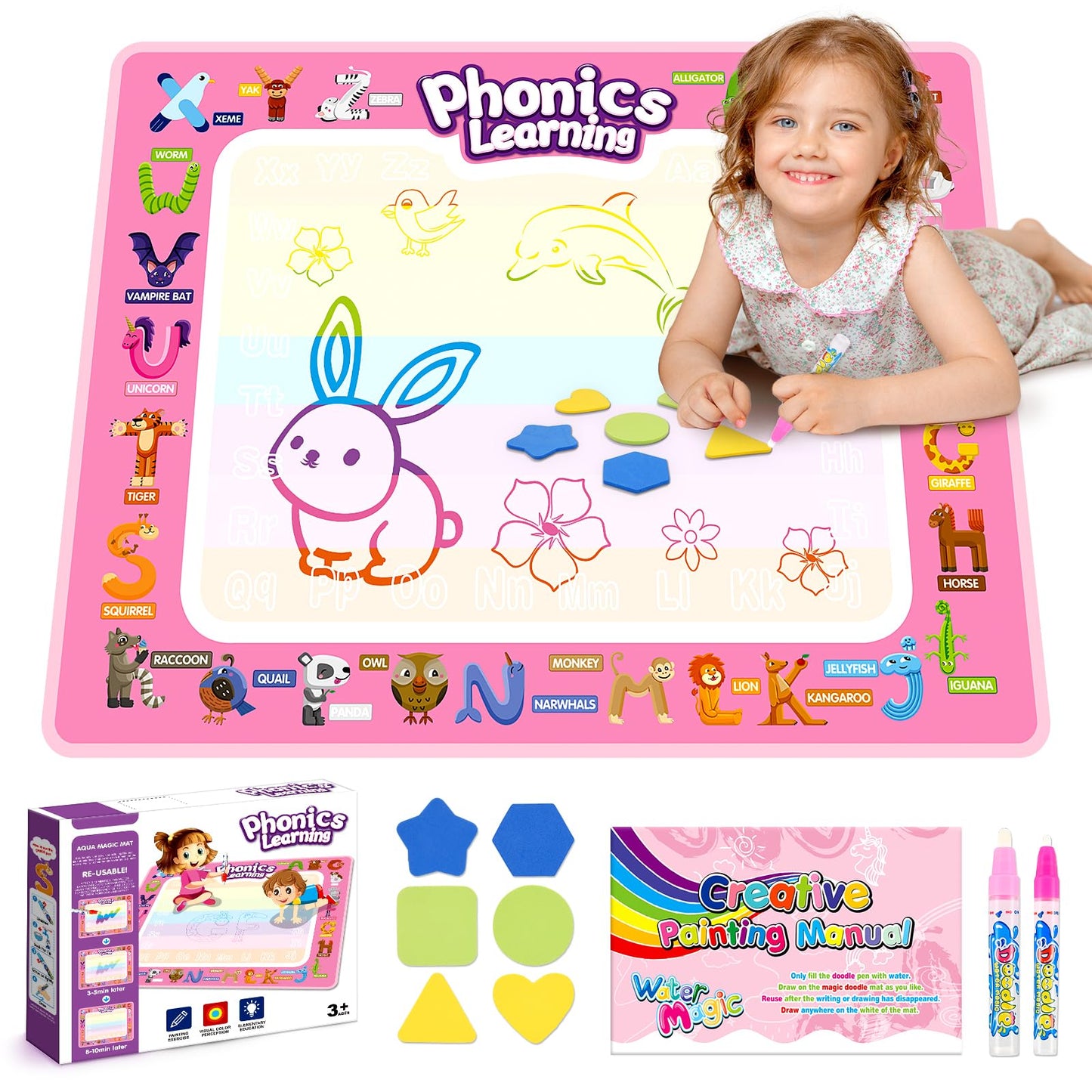 Toddler Toys For 2 3 4 5 Year Old Kids Boys Girls, Water Doodle Mat For Toddlers 2-5 Preschool Educational Learning Toys Halloween Birthday Easter Basket Stuffers Gift For 2-8 Year Old Boys Girls Pink