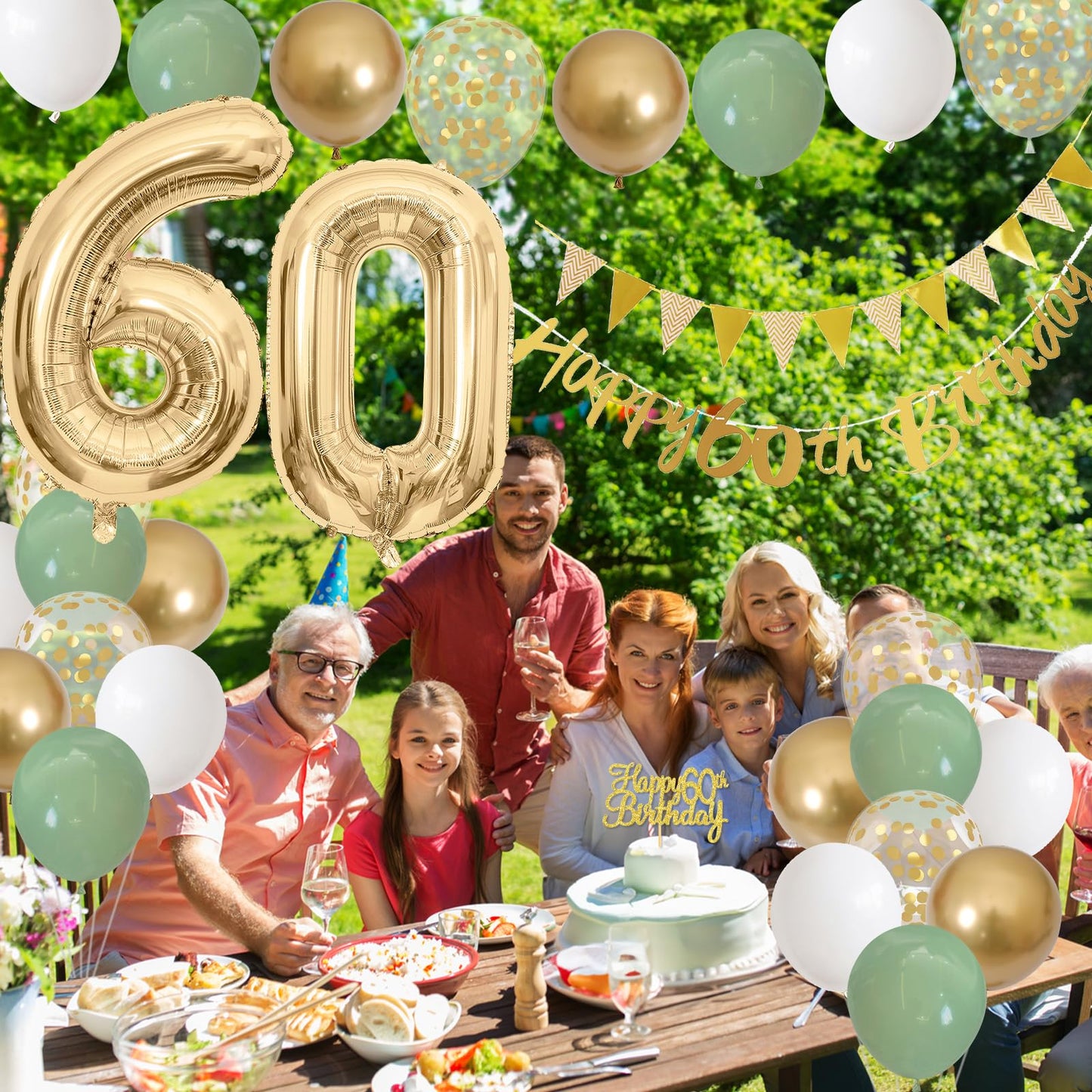 60Th Birthday Decorations For Men Women, Sage Green White Gold Birthday Balloons With Happy 60Th Birthday Banner Birthday Cake T