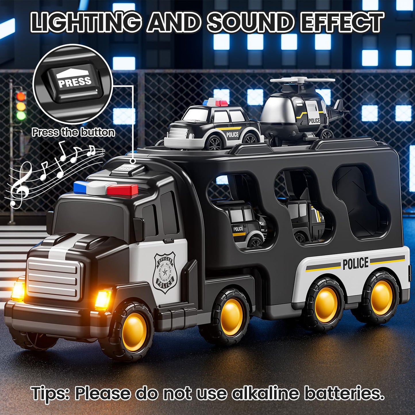 JUKUDAHU Police Truck Toy for 3 4 5 6 Years Old Boys - Carrier Vehicle Toy Set with 3 Small Cars and 1 Helicopter, Kids Firction