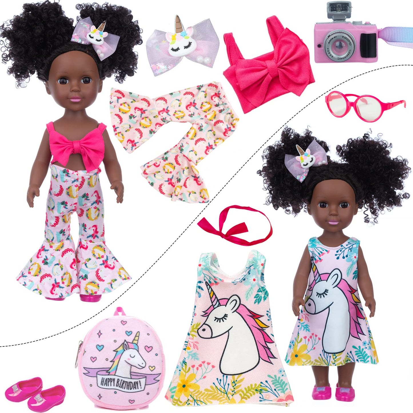 Zqdoll Black Doll And Black Baby Doll Clothes 14.5 Inch African American Silicone Girl Doll With 2 Sets Clothes And Travel Equip