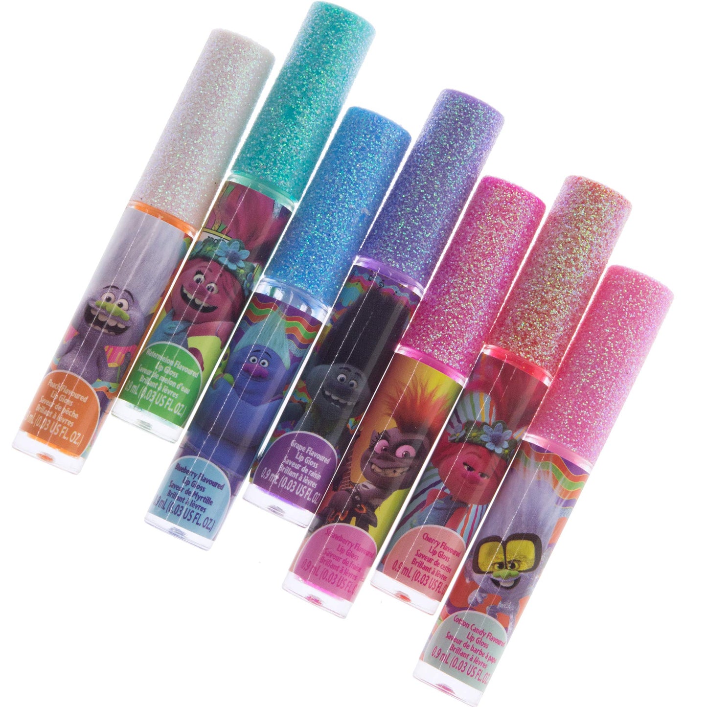 Townley Girl Trolls World Tour Lip Gloss Makeup Set, 7 Pieces, Multi, 0.21 Fl Oz, Ideal for Parties & Gifts for Girls 3+